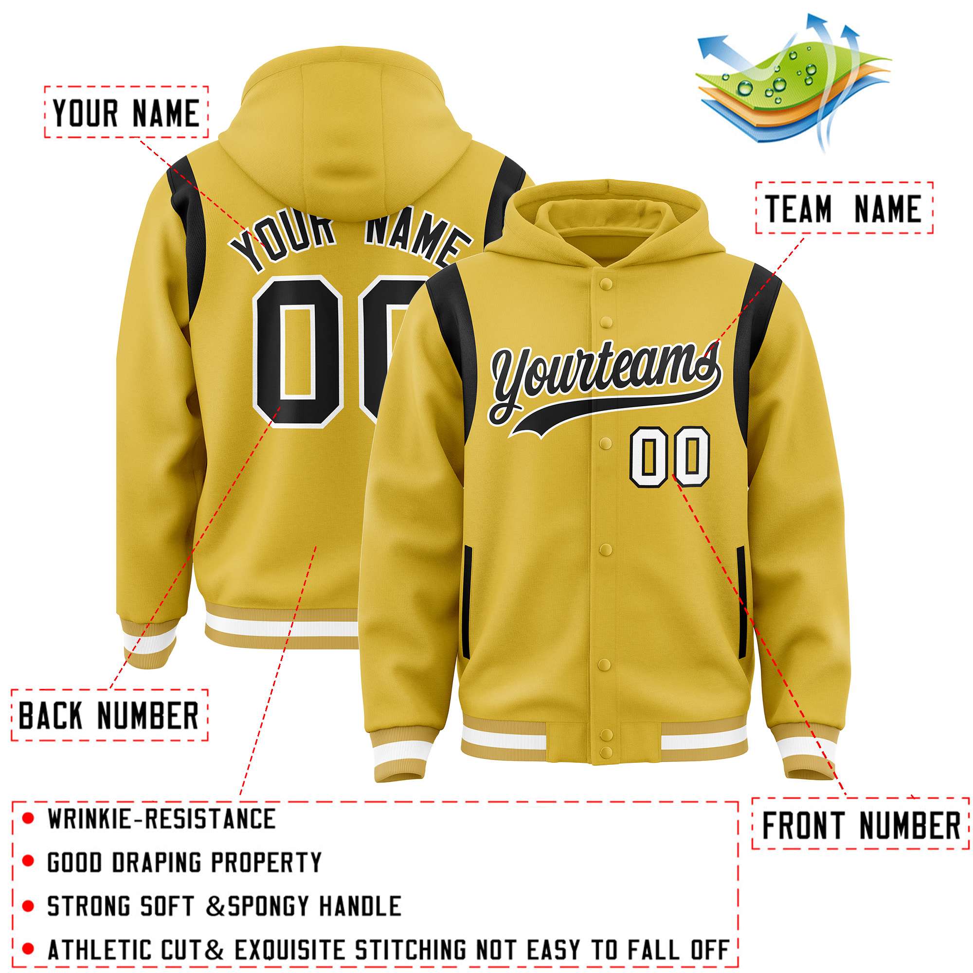 Custom Old Gold Black Varsity Full-Snap Letterman Shoulder Color Block Jacket Hoodie| KXKSHOP