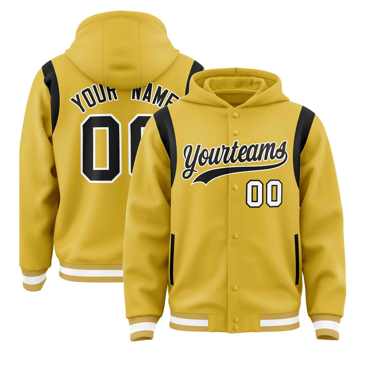 Custom Old Gold Black Varsity Full-Snap Letterman Shoulder Color Block Jacket Hoodie| KXKSHOP