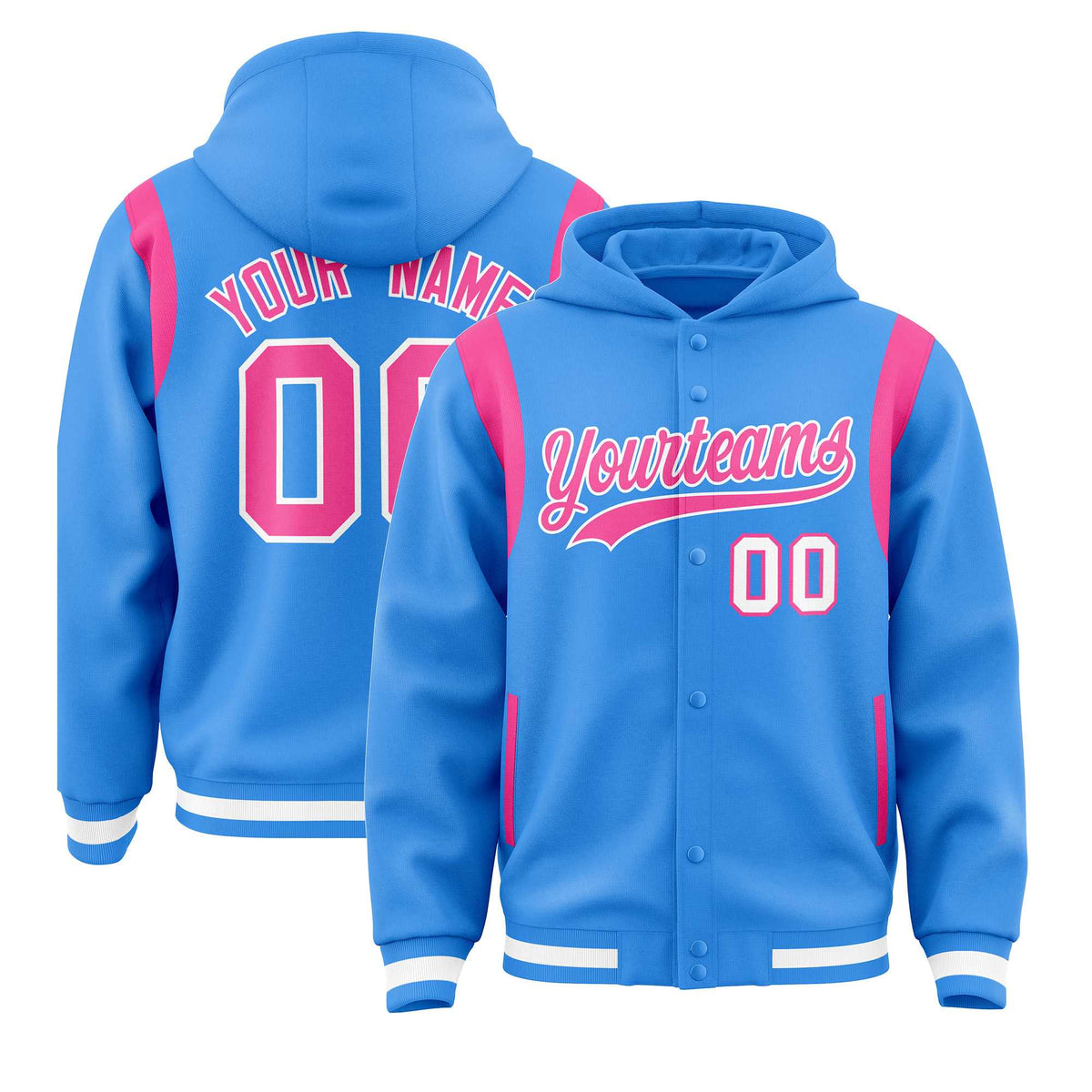 Custom Powder Blue Pink Varsity Full-Snap Letterman Shoulder Color Block Jacket Hoodie| KXKSHOP