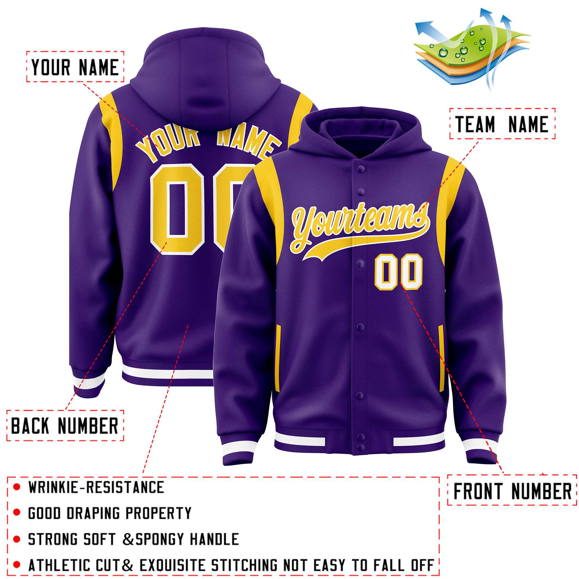 Custom Purple Gold Varsity Full-Snap Letterman Shoulder Color Block Jacket Hoodie| KXKSHOP