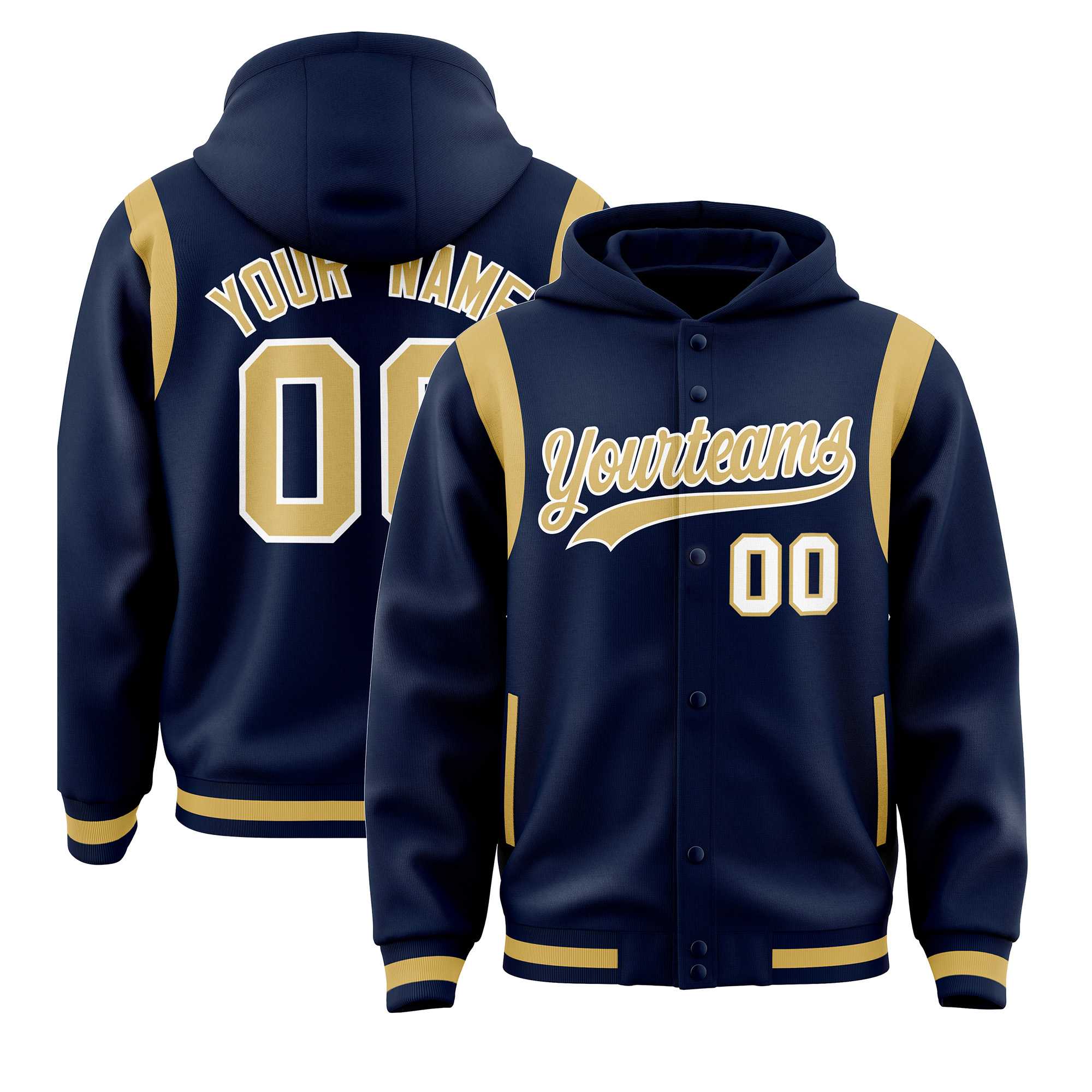 Custom Navy Old Gold Varsity Full-Snap Letterman Shoulder Color Block Jacket Hoodie| KXKSHOP