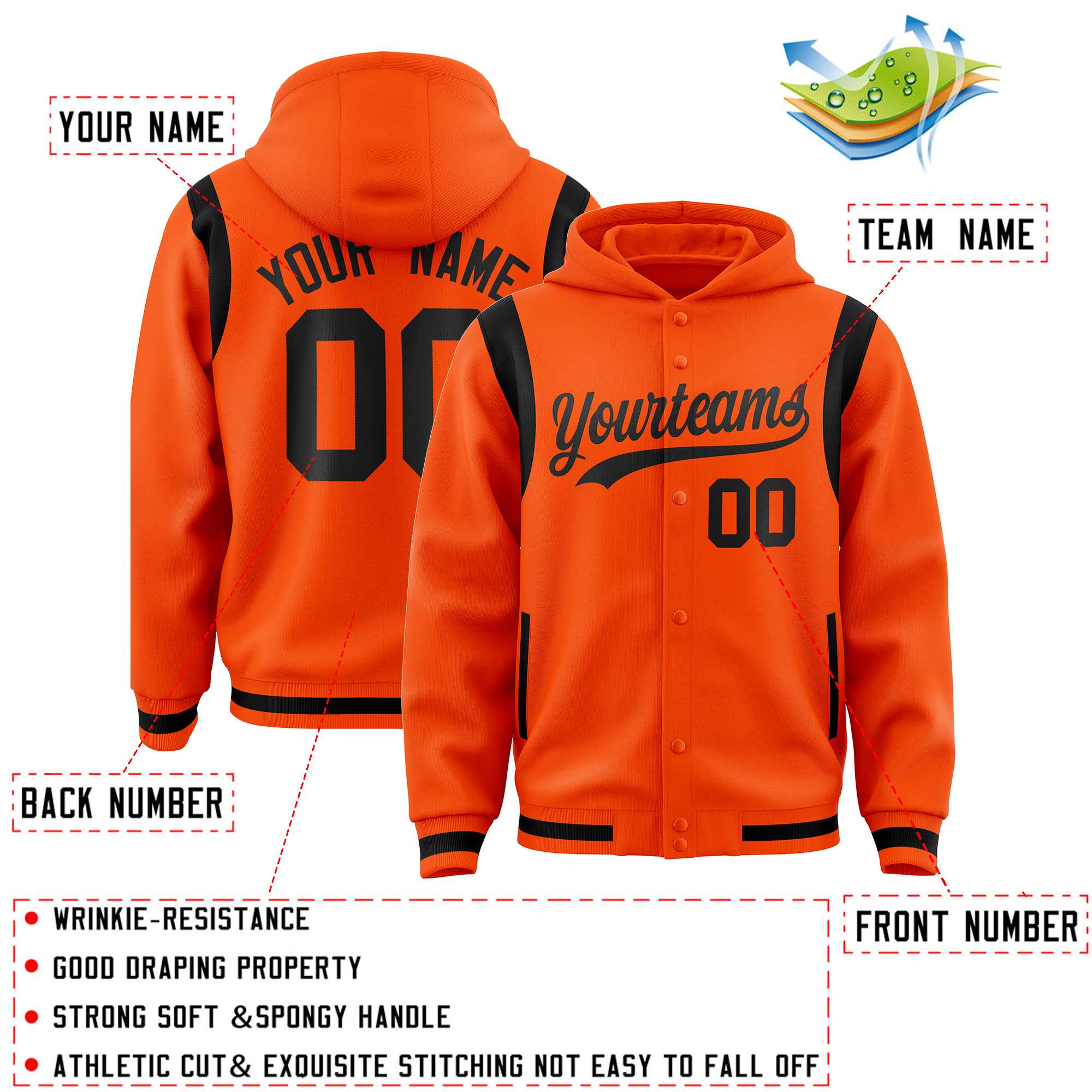 Custom Orange Black Varsity Full-Snap Letterman Shoulder Color Block Jacket Hoodie| KXKSHOP