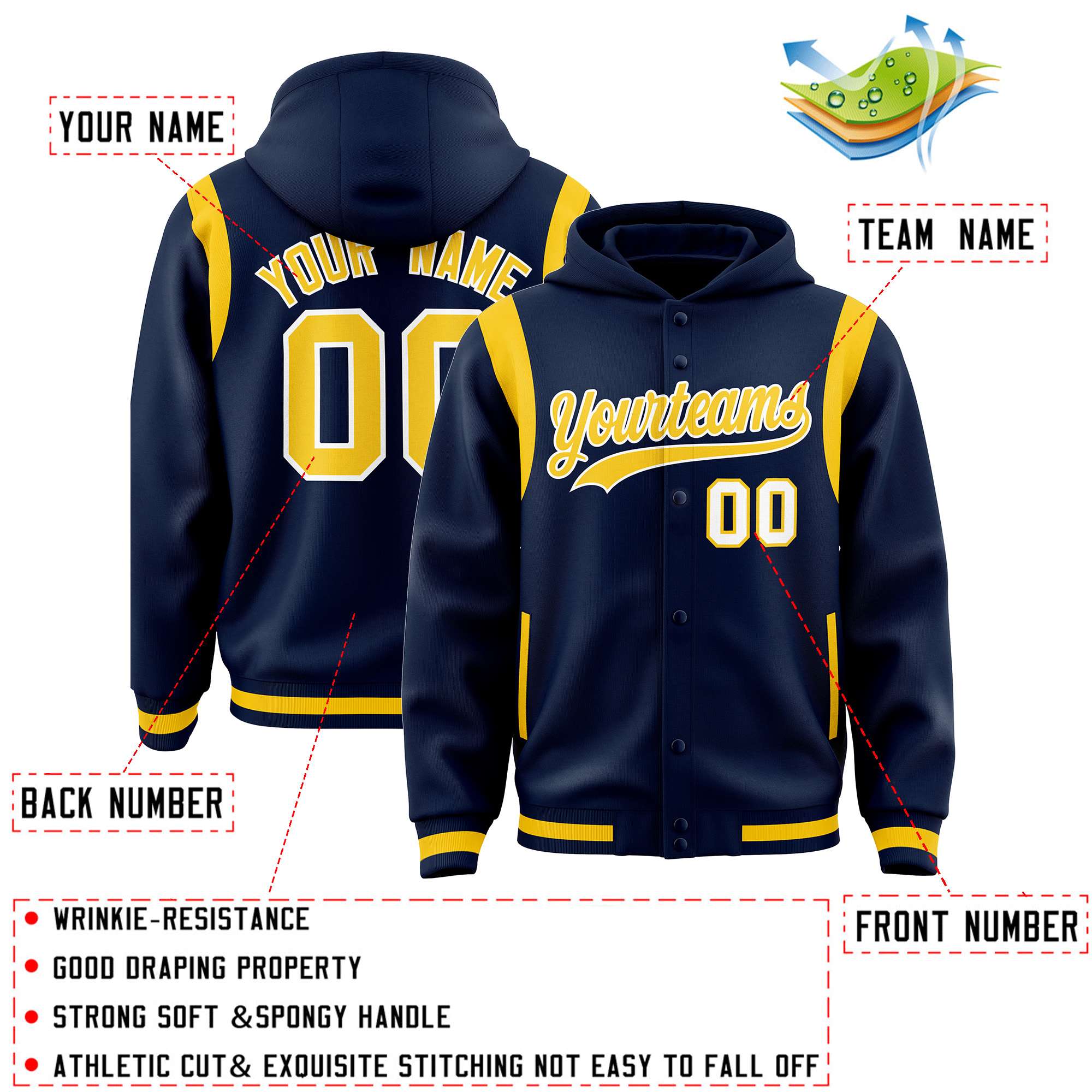Custom Navy Gold Varsity Full-Snap Letterman Shoulder Color Block Jacket Hoodie| KXKSHOP