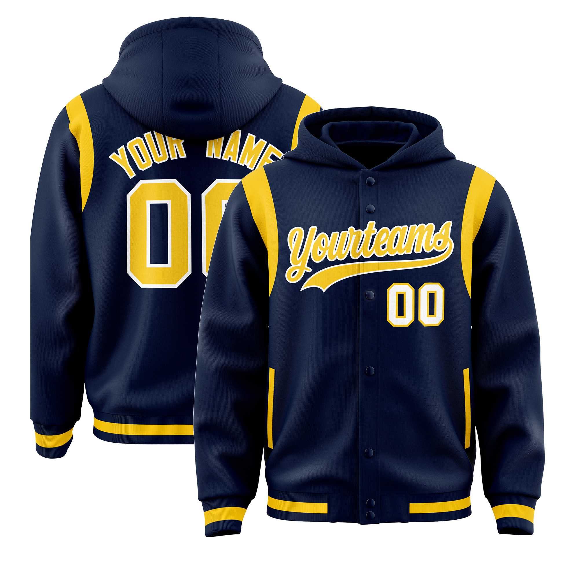 Custom Navy Gold Varsity Full-Snap Letterman Shoulder Color Block Jacket Hoodie| KXKSHOP