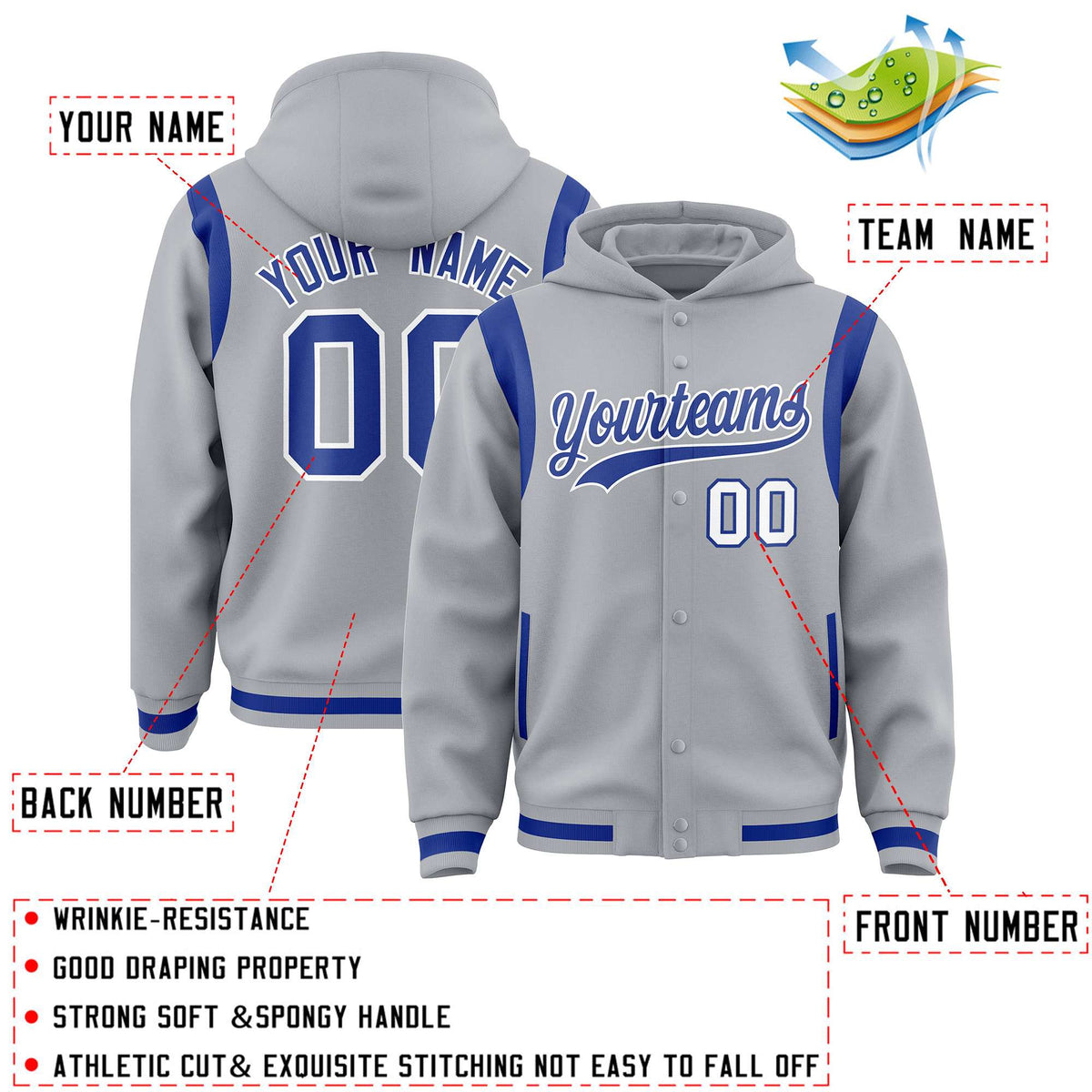 Custom Silver Royal Varsity Full-Snap Letterman Shoulder Color Block Jacket Hoodie| KXKSHOP