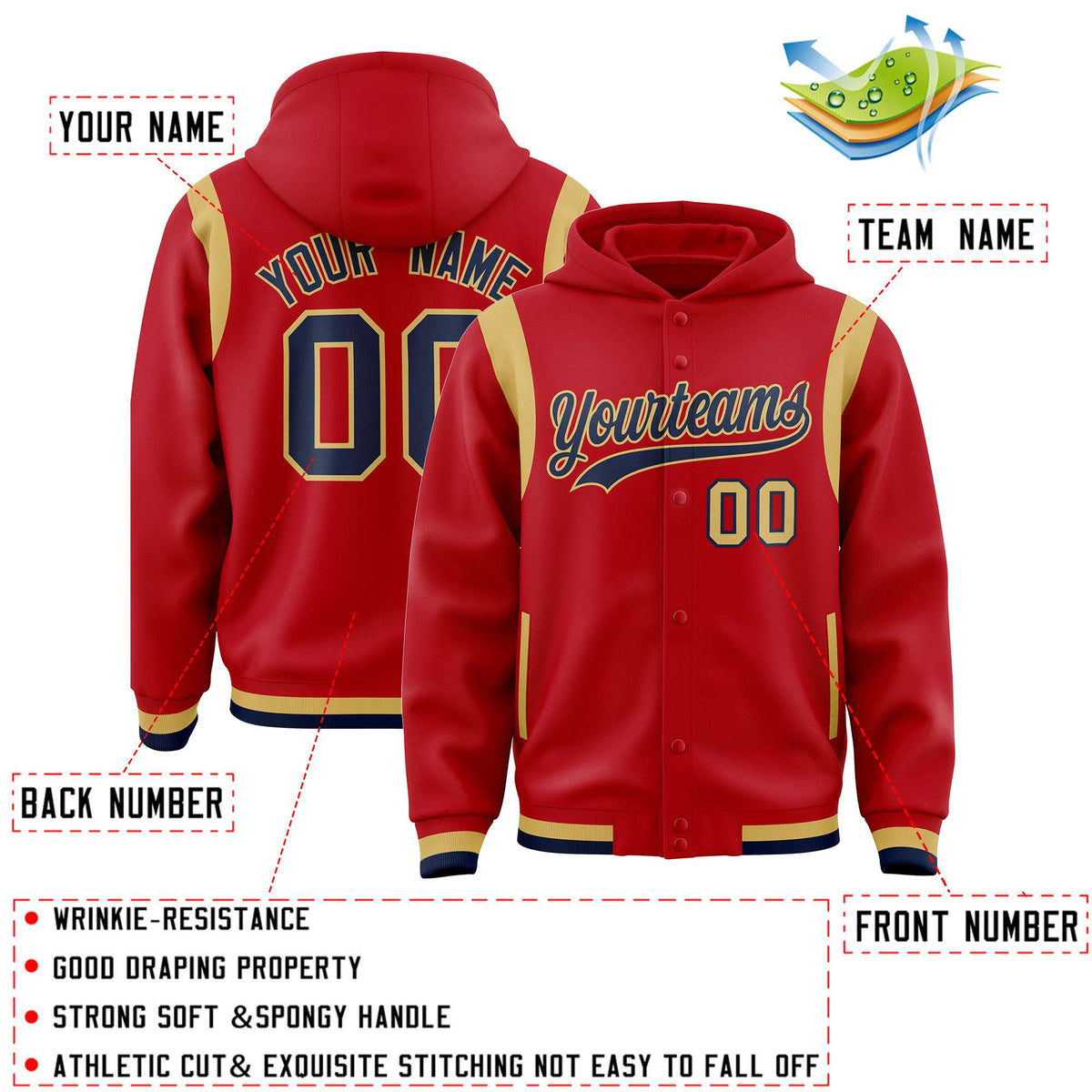 Custom Red Navy Varsity Full-Snap Letterman Shoulder Color Block Jacket Hoodie| KXKSHOP