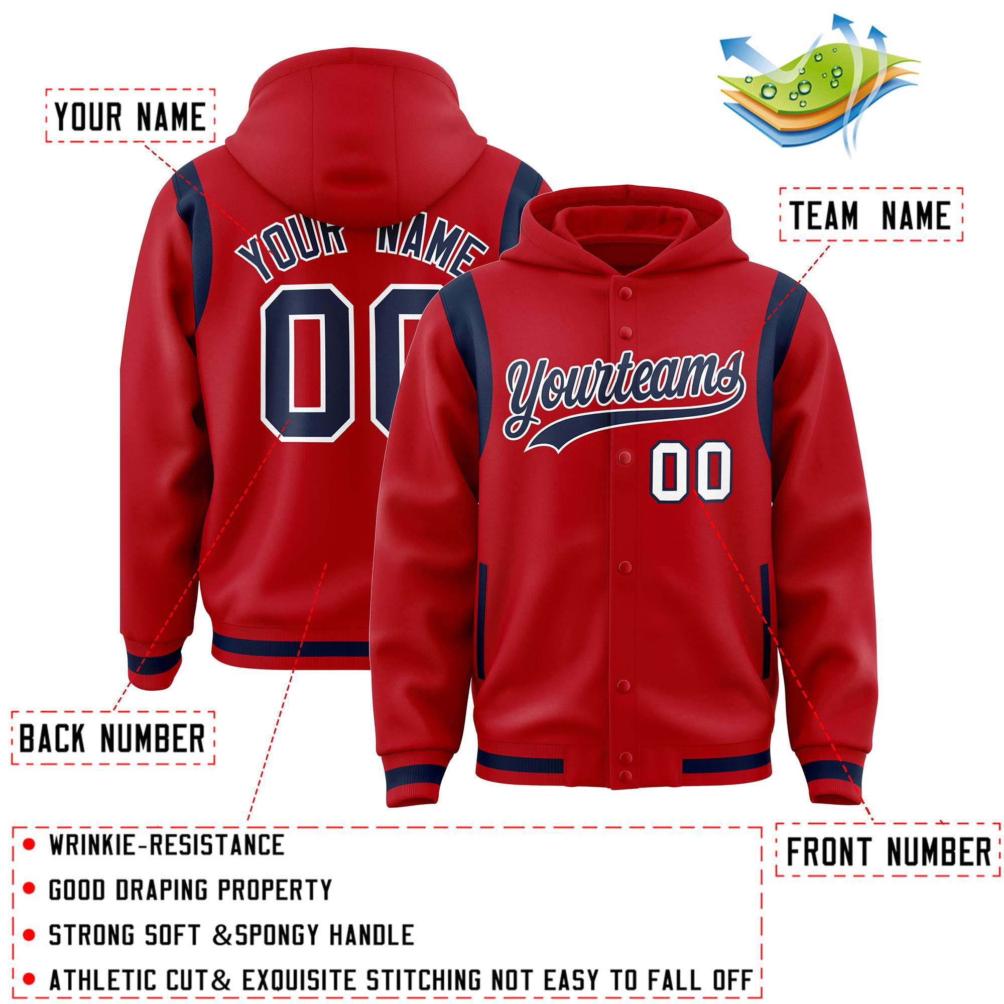 Custom Red Navy Varsity Full-Snap Letterman Shoulder Color Block Jacket Hoodie| KXKSHOP
