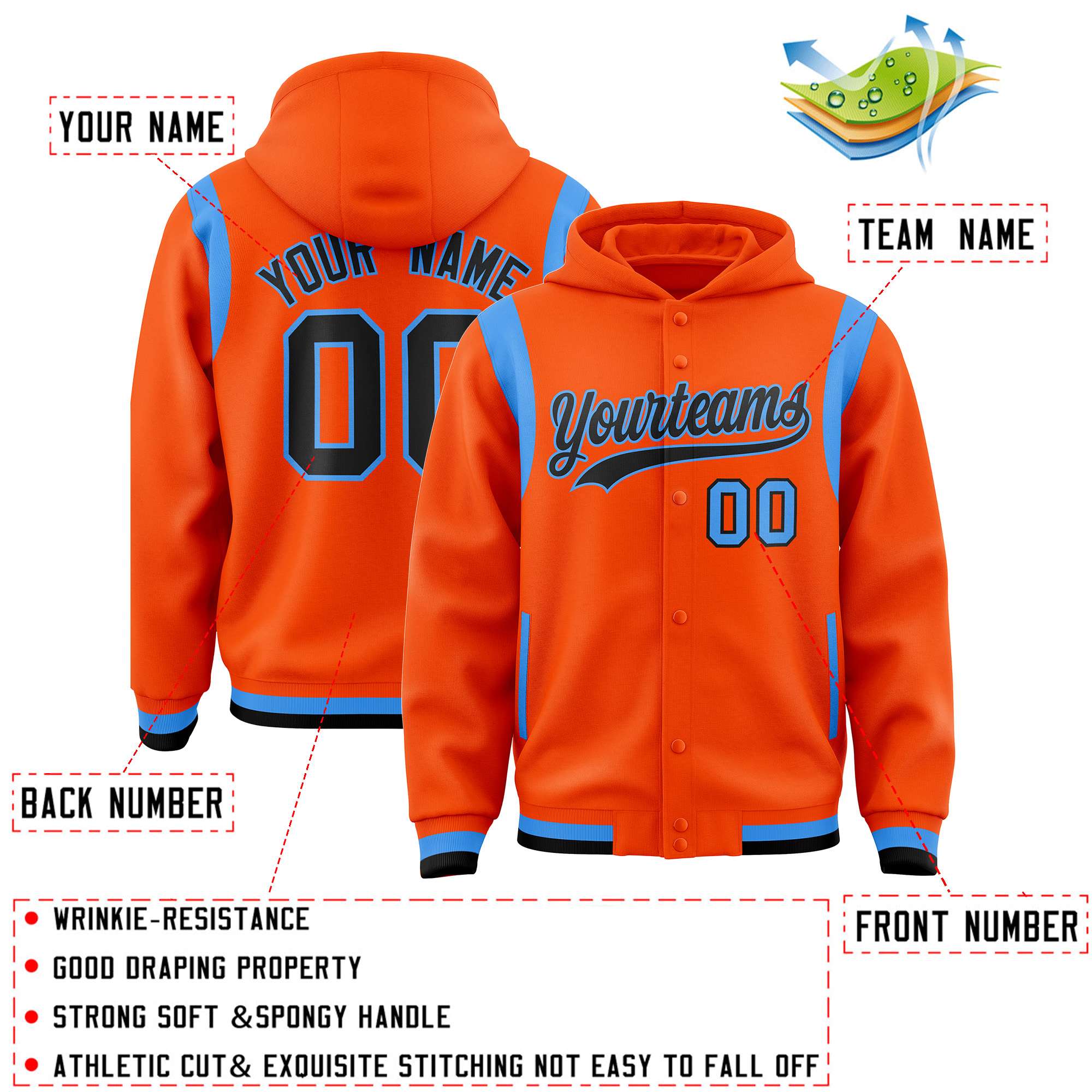 Custom Orange Black Varsity Full-Snap Letterman Shoulder Color Block Jacket Hoodie| KXKSHOP