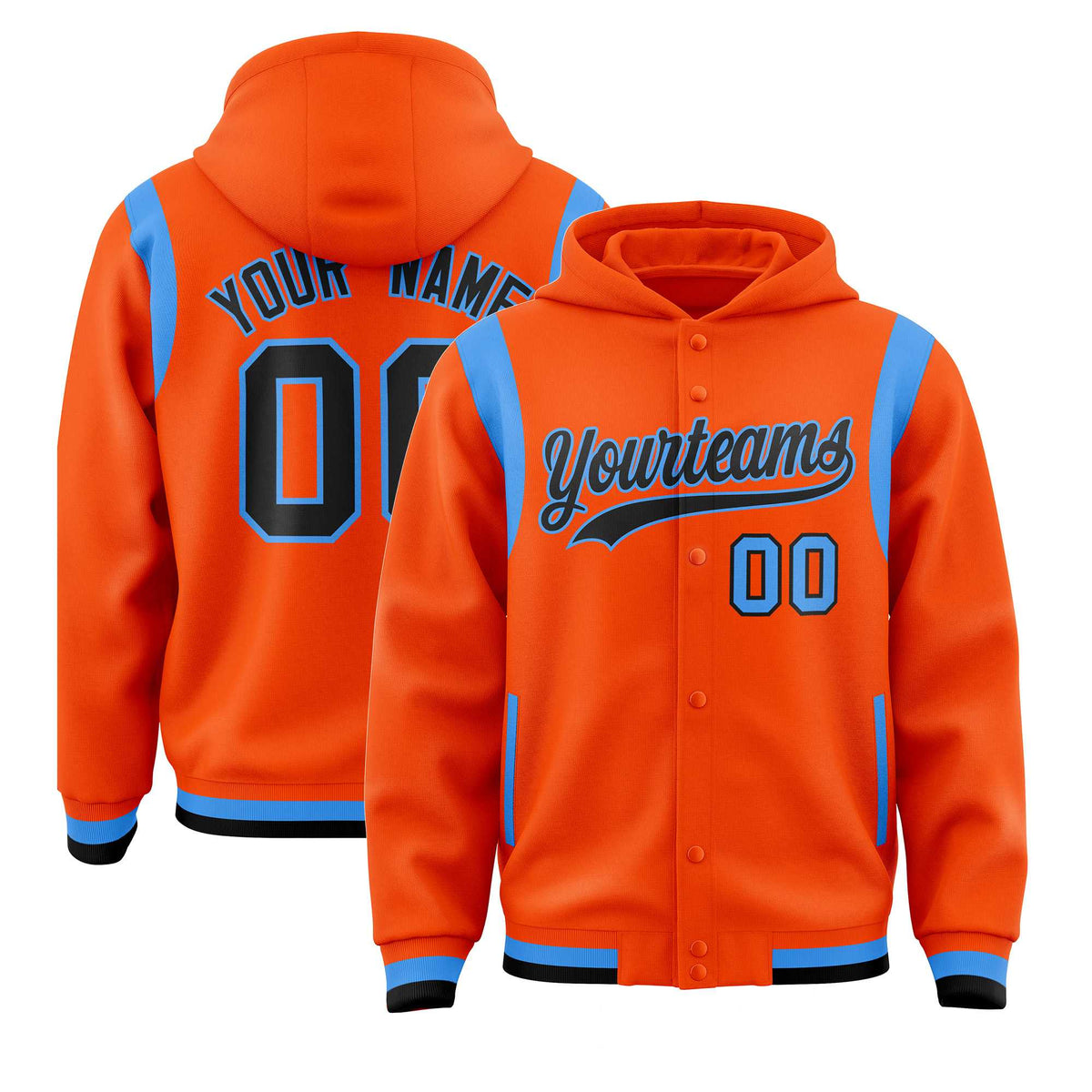 Custom Orange Black Varsity Full-Snap Letterman Shoulder Color Block Jacket Hoodie| KXKSHOP