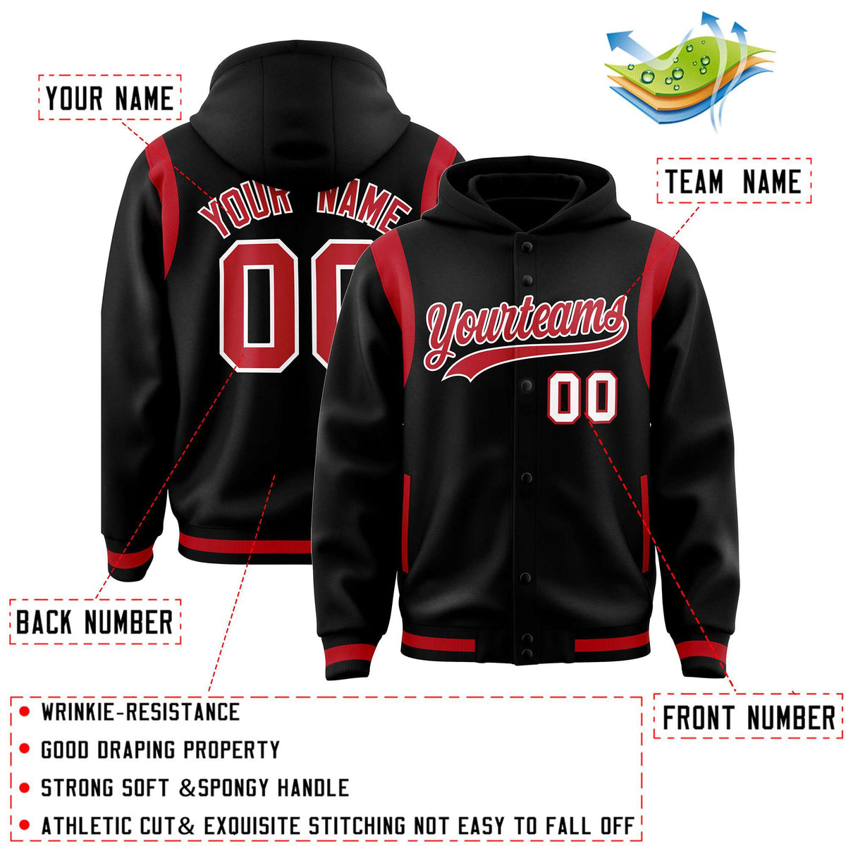 Custom Black Red Varsity Full-Snap Letterman Shoulder Color Block Jacket Hoodie| KXKSHOP