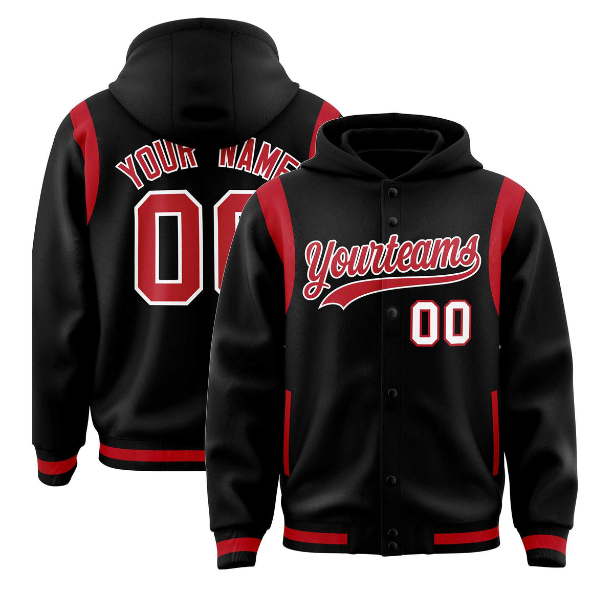 Custom Black Red Varsity Full-Snap Letterman Shoulder Color Block Jacket Hoodie| KXKSHOP