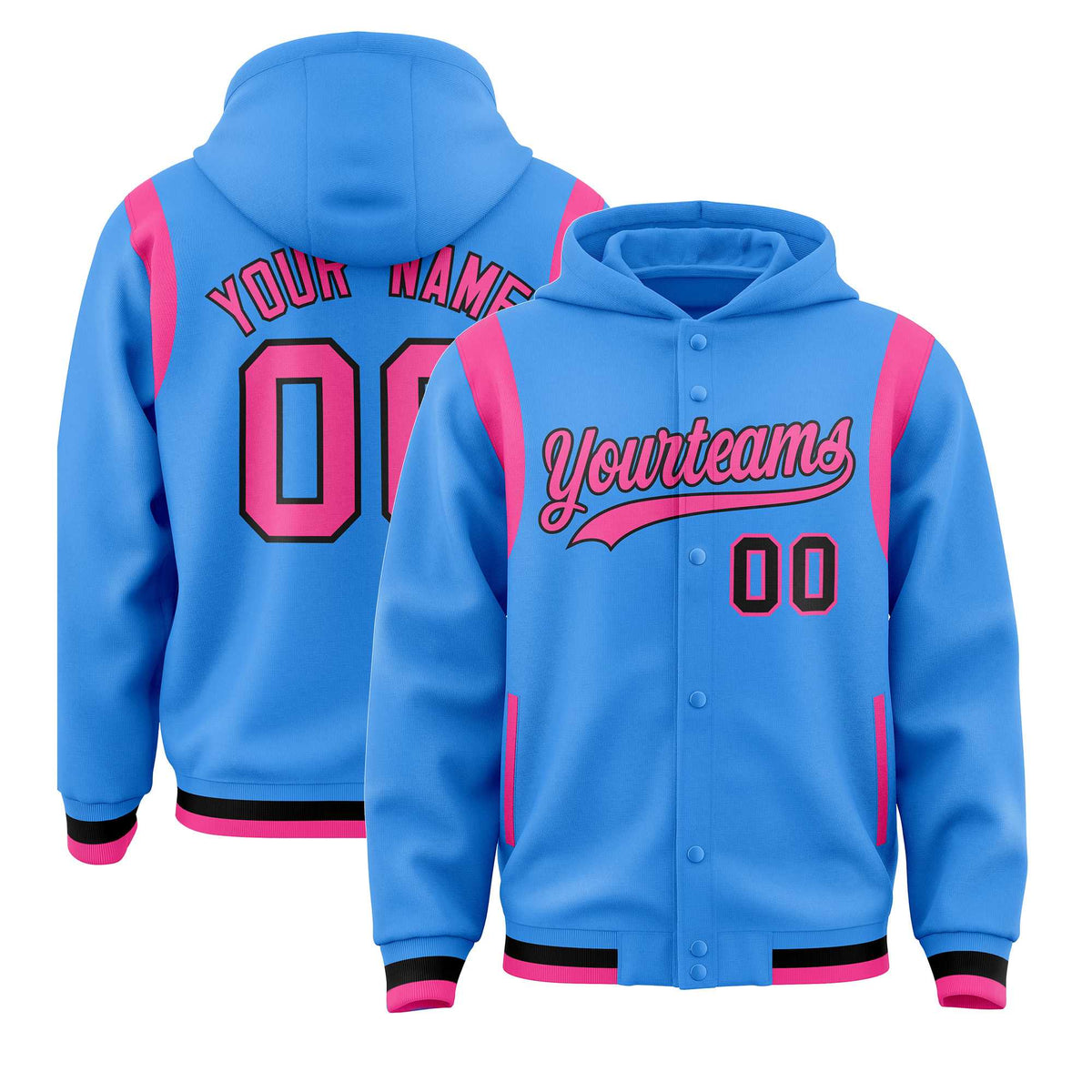 Custom Powder Blue Pink Varsity Full-Snap Letterman Shoulder Color Block Jacket Hoodie| KXKSHOP