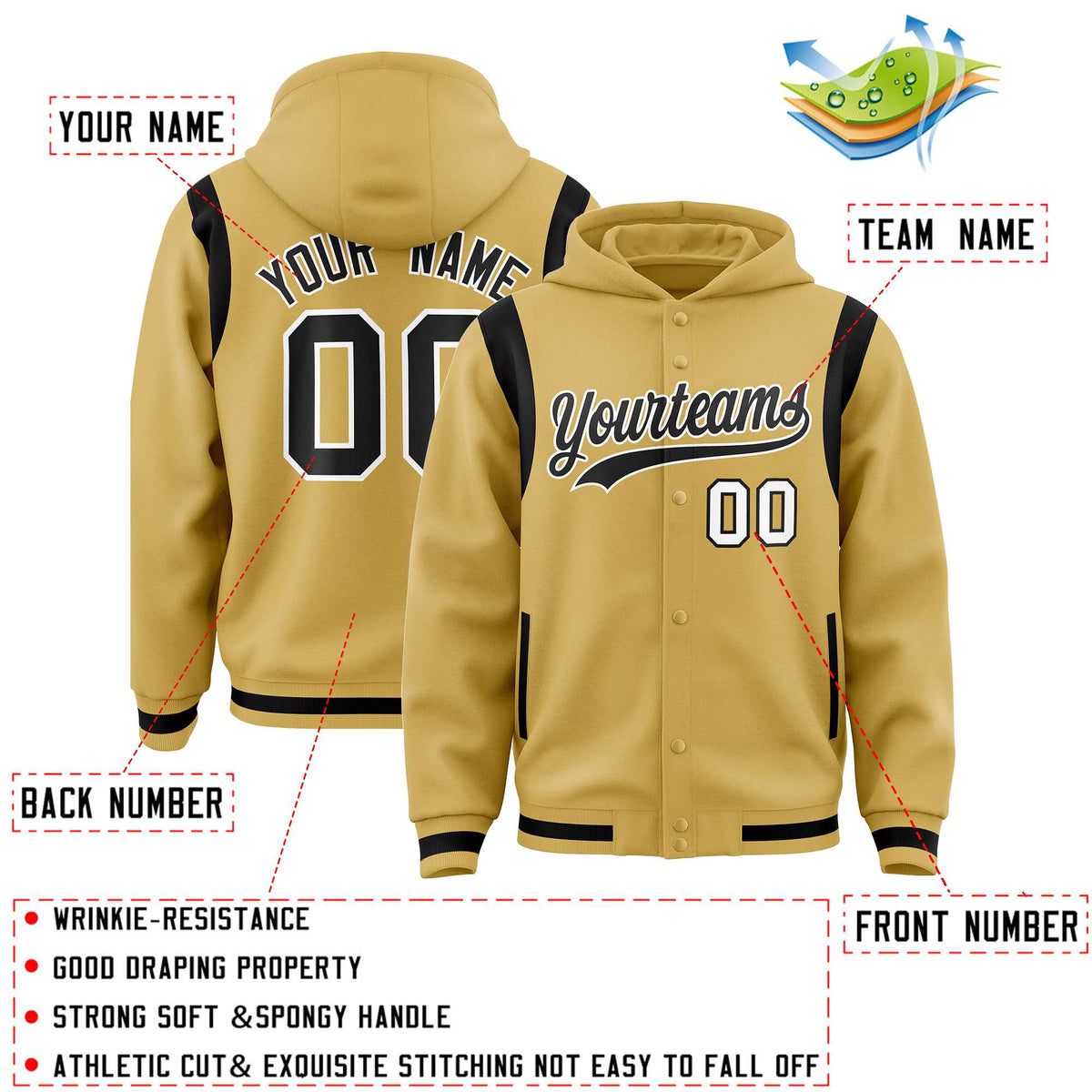 Custom Old Gold Black Varsity Full-Snap Letterman Shoulder Color Block Jacket Hoodie| KXKSHOP