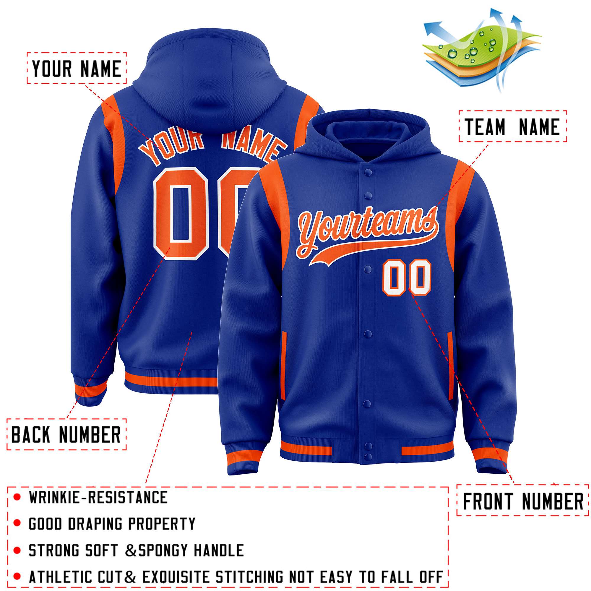 Custom Royal Orange Varsity Full-Snap Letterman Shoulder Color Block Jacket Hoodie| KXKSHOP