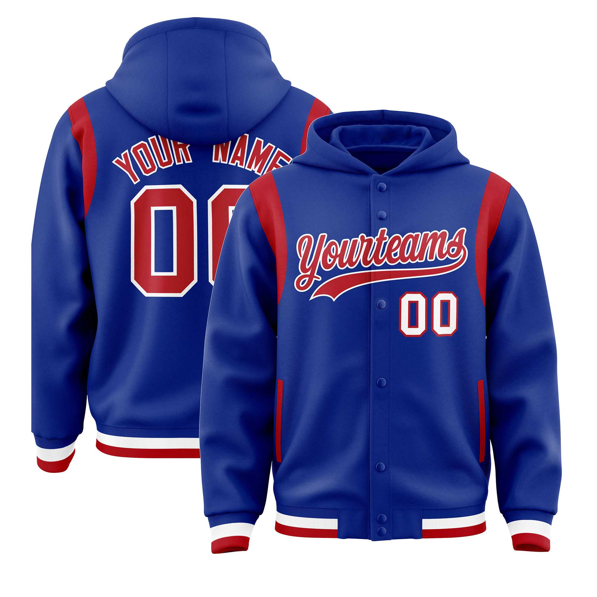 Custom Royal Red Varsity Full-Snap Letterman Shoulder Color Block Jacket Hoodie| KXKSHOP