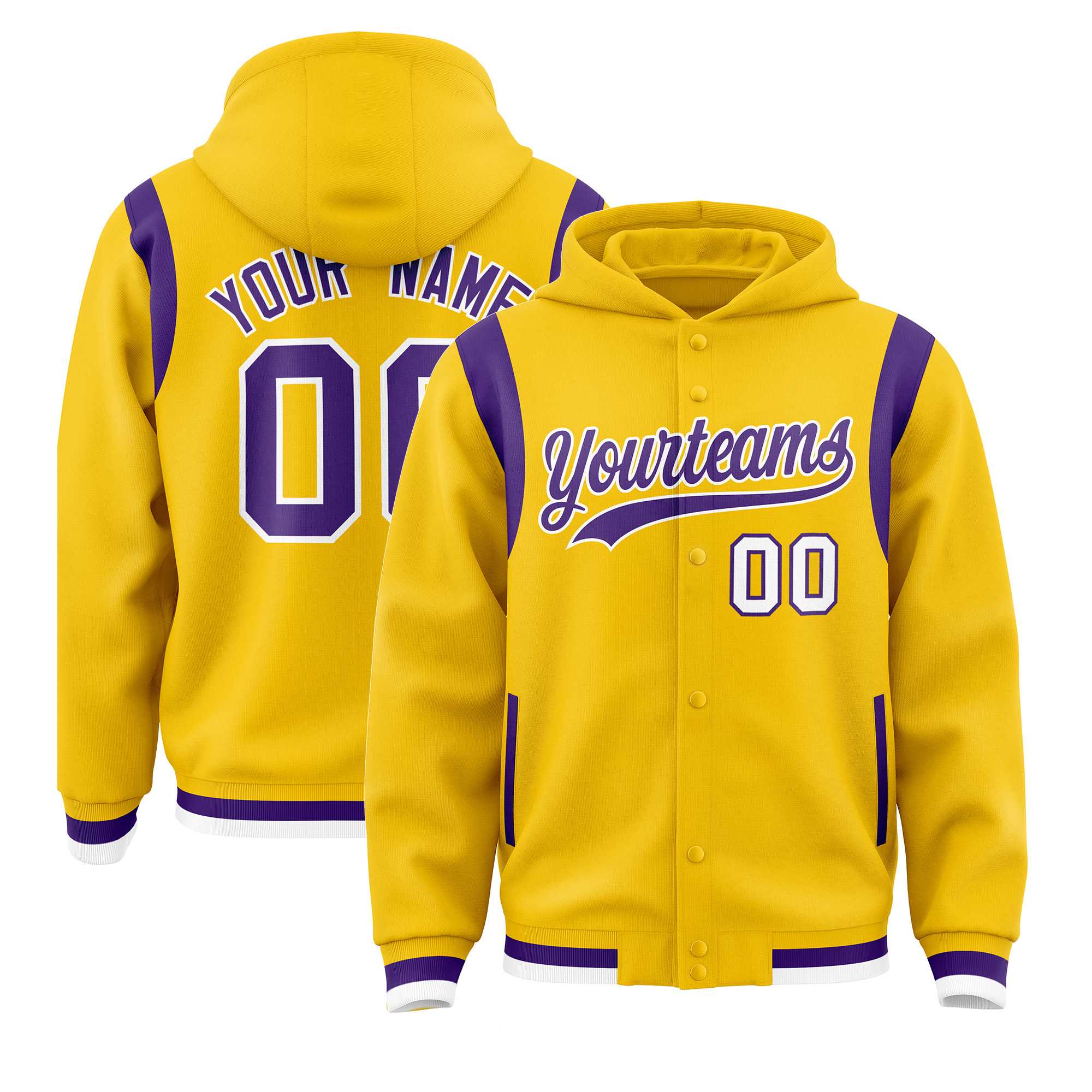 Custom Gold Purple Varsity Full-Snap Letterman Shoulder Color Block Jacket Hoodie| KXKSHOP