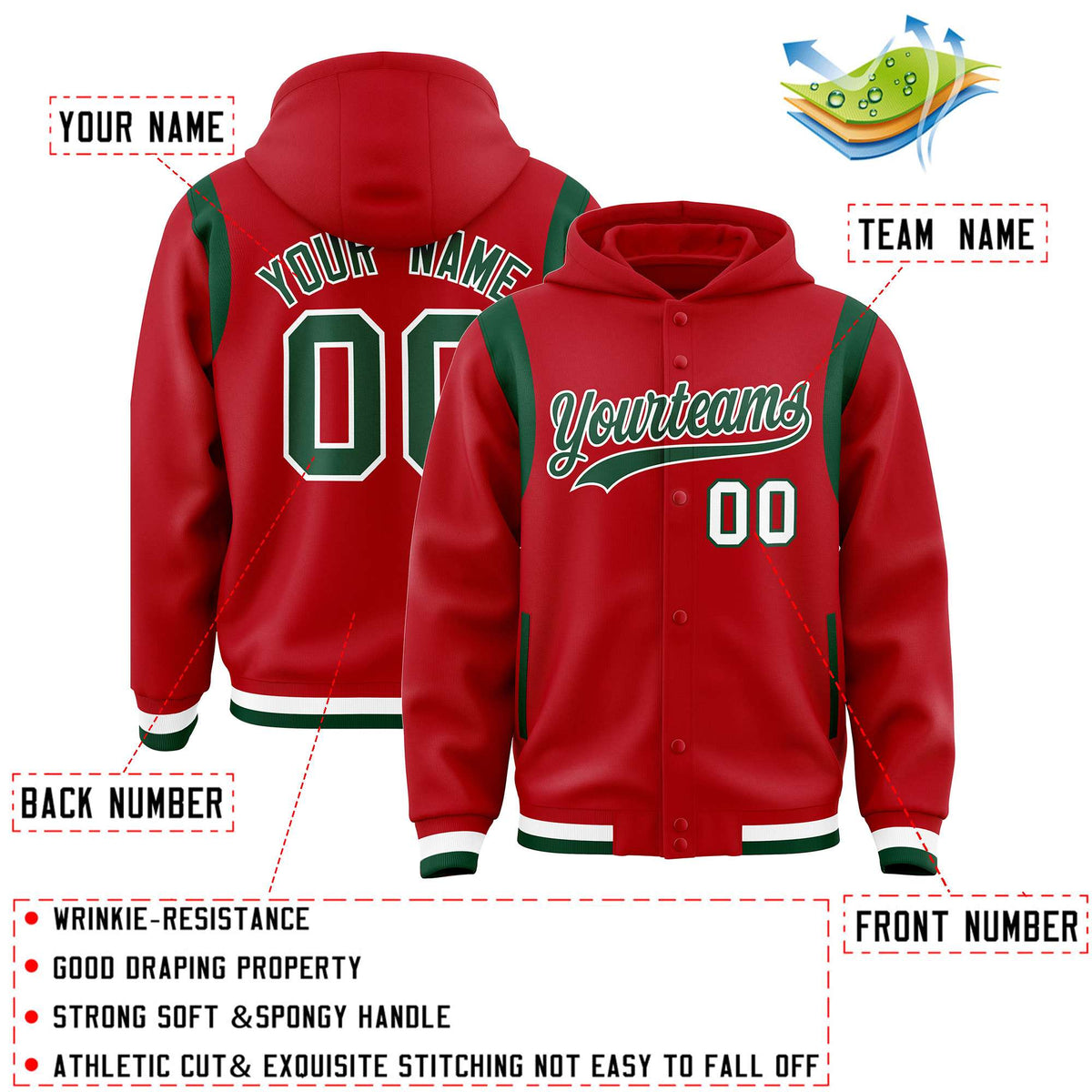 Custom Red Green Varsity Full-Snap Letterman Shoulder Color Block Jacket Hoodie| KXKSHOP