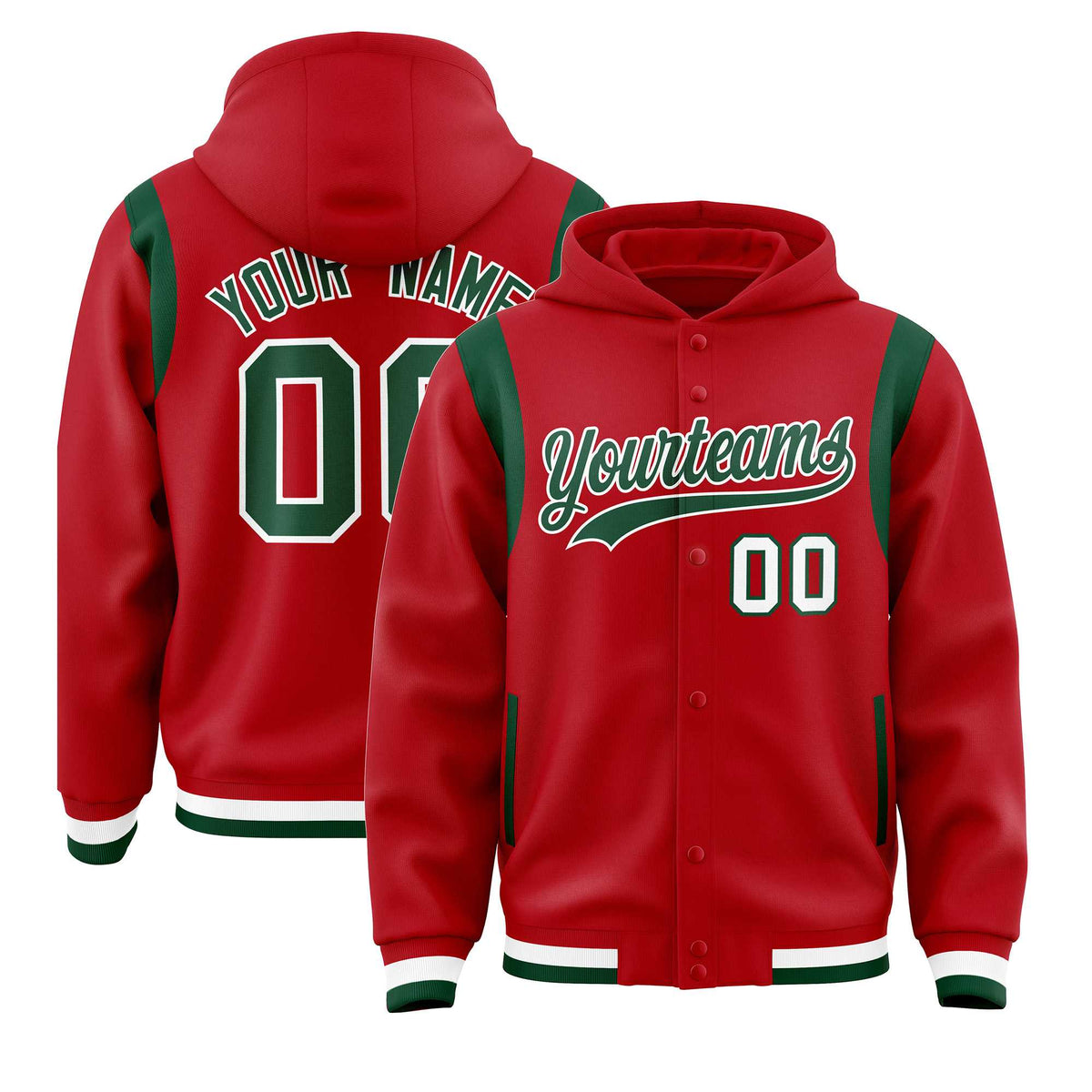 Custom Red Green Varsity Full-Snap Letterman Shoulder Color Block Jacket Hoodie| KXKSHOP
