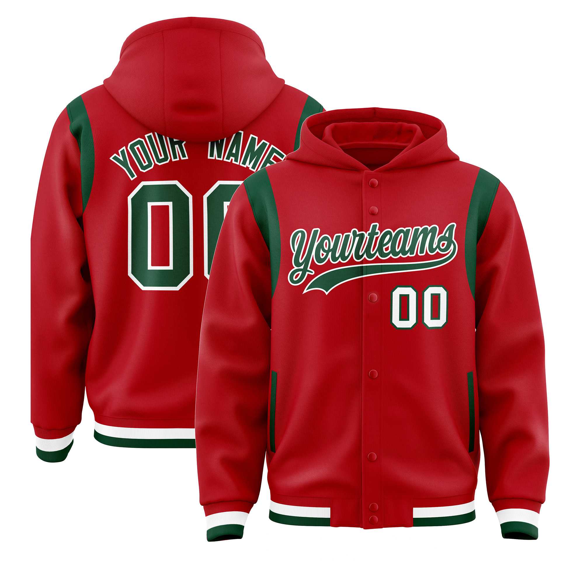 Custom Red Green Varsity Full-Snap Letterman Shoulder Color Block Jacket Hoodie| KXKSHOP