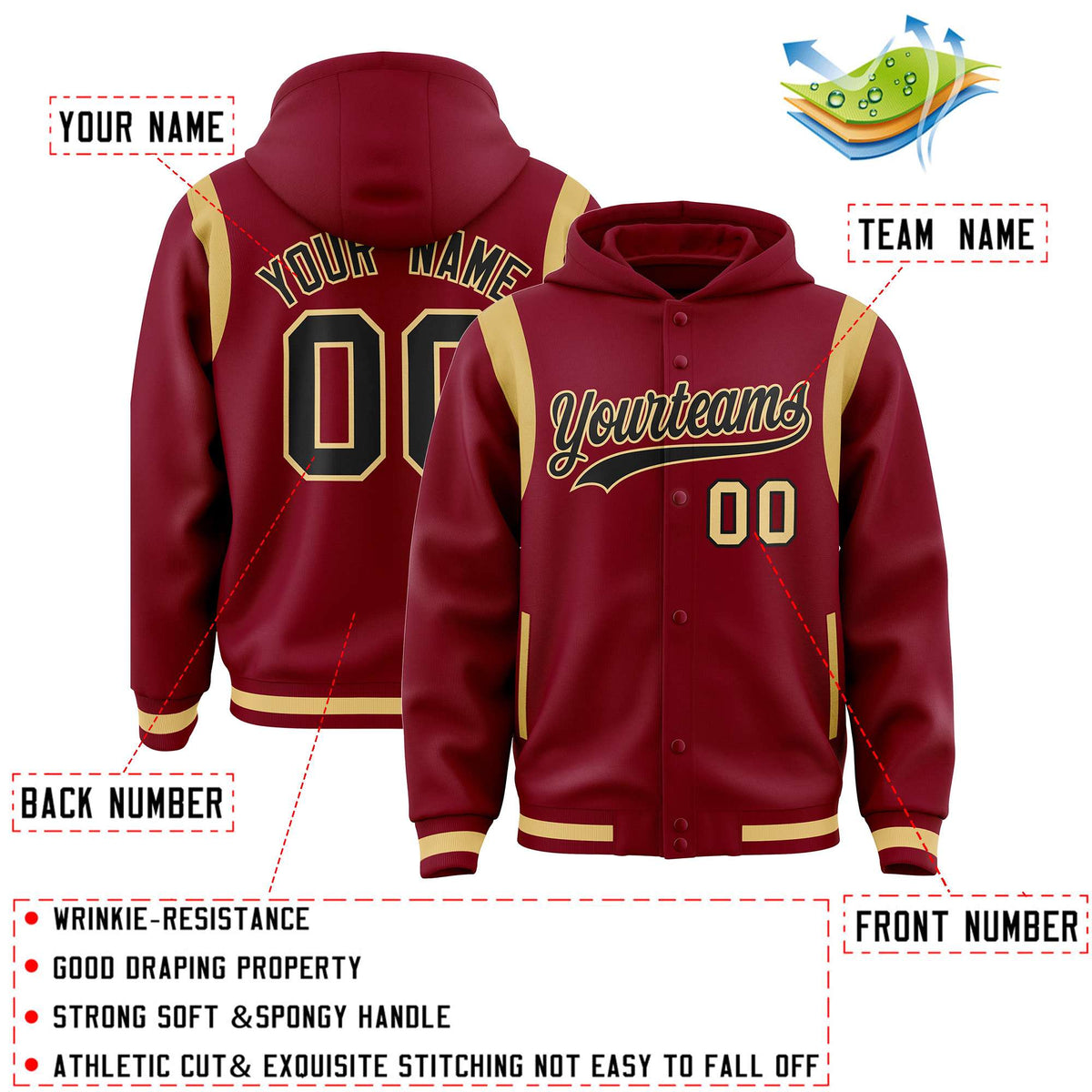 Custom Crimson Black Varsity Full-Snap Letterman Shoulder Color Block Jacket Hoodie| KXKSHOP