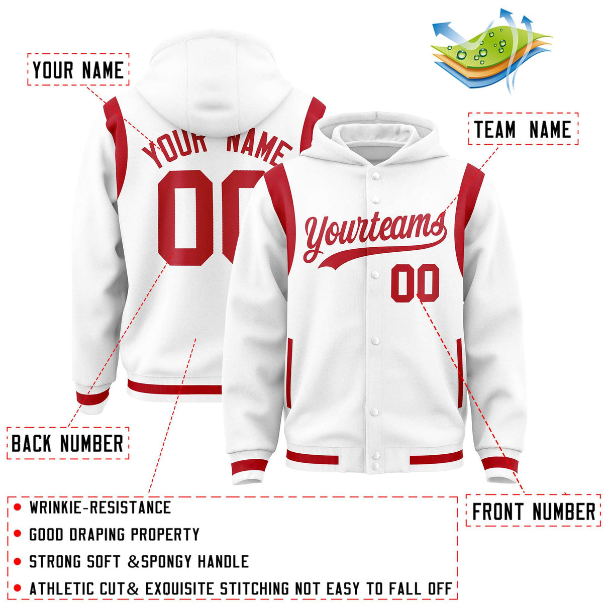 Custom White Red Varsity Full-Snap Letterman Shoulder Color Block Jacket Hoodie| KXKSHOP