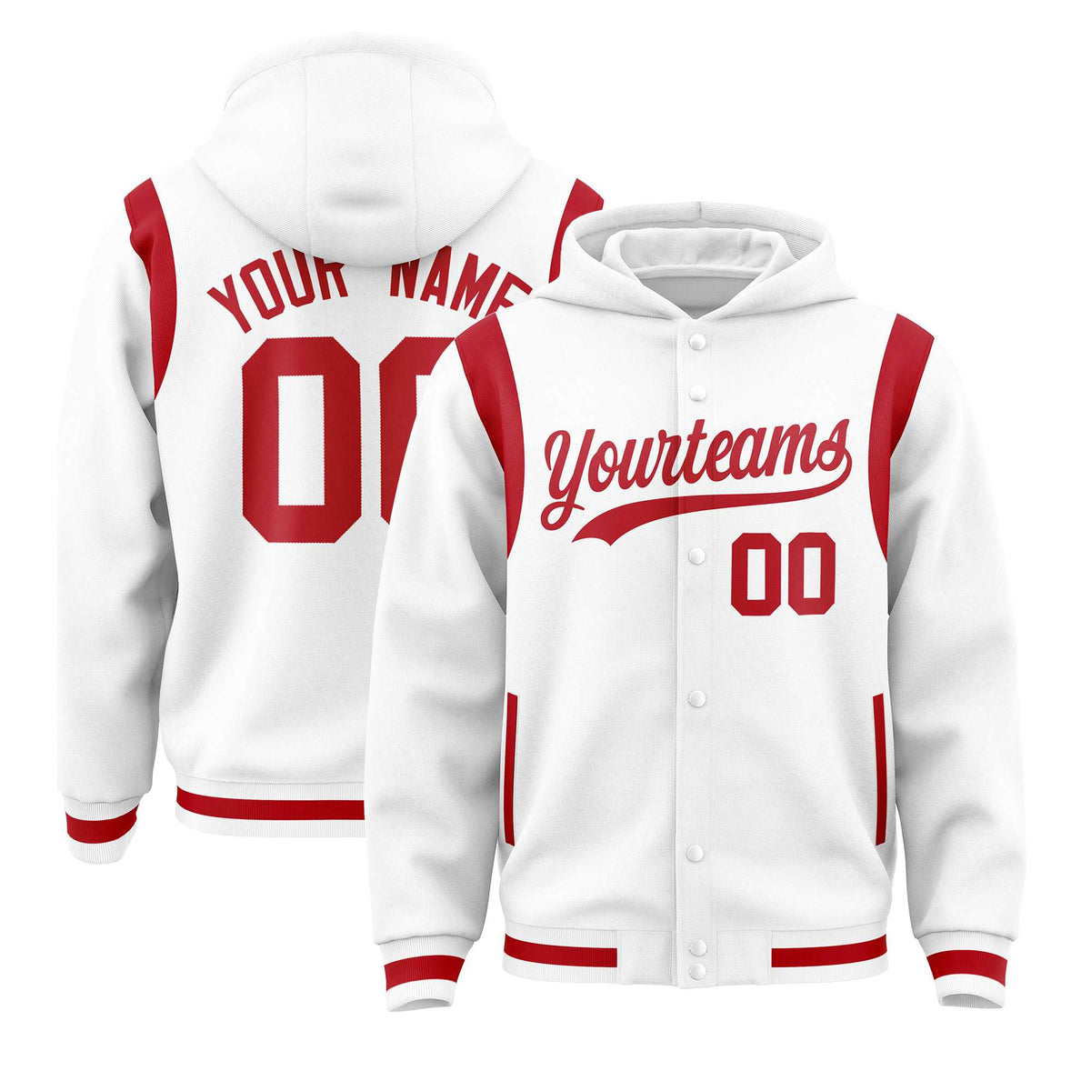 Custom White Red Varsity Full-Snap Letterman Shoulder Color Block Jacket Hoodie| KXKSHOP