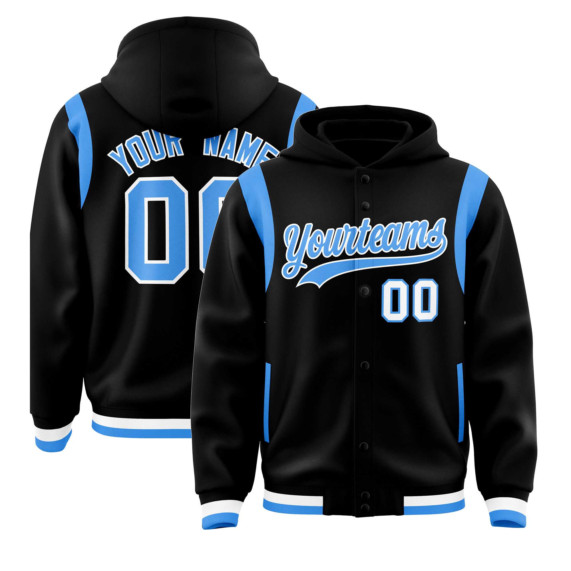 Custom Black Powder Blue Varsity Full-Snap Letterman Shoulder Color Block Jacket Hoodie| KXKSHOP
