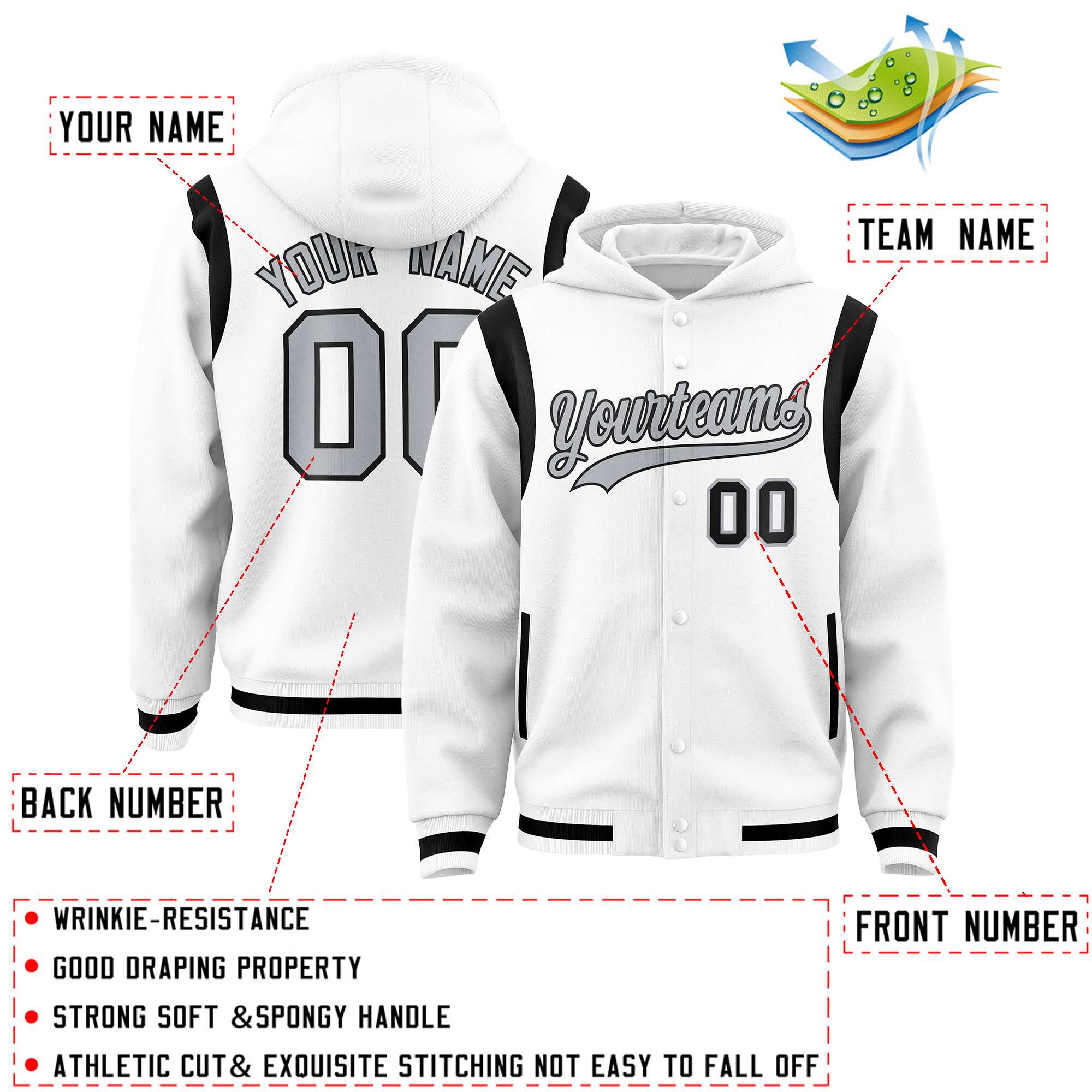Custom White Silver Varsity Full-Snap Letterman Shoulder Color Block Jacket Hoodie| KXKSHOP