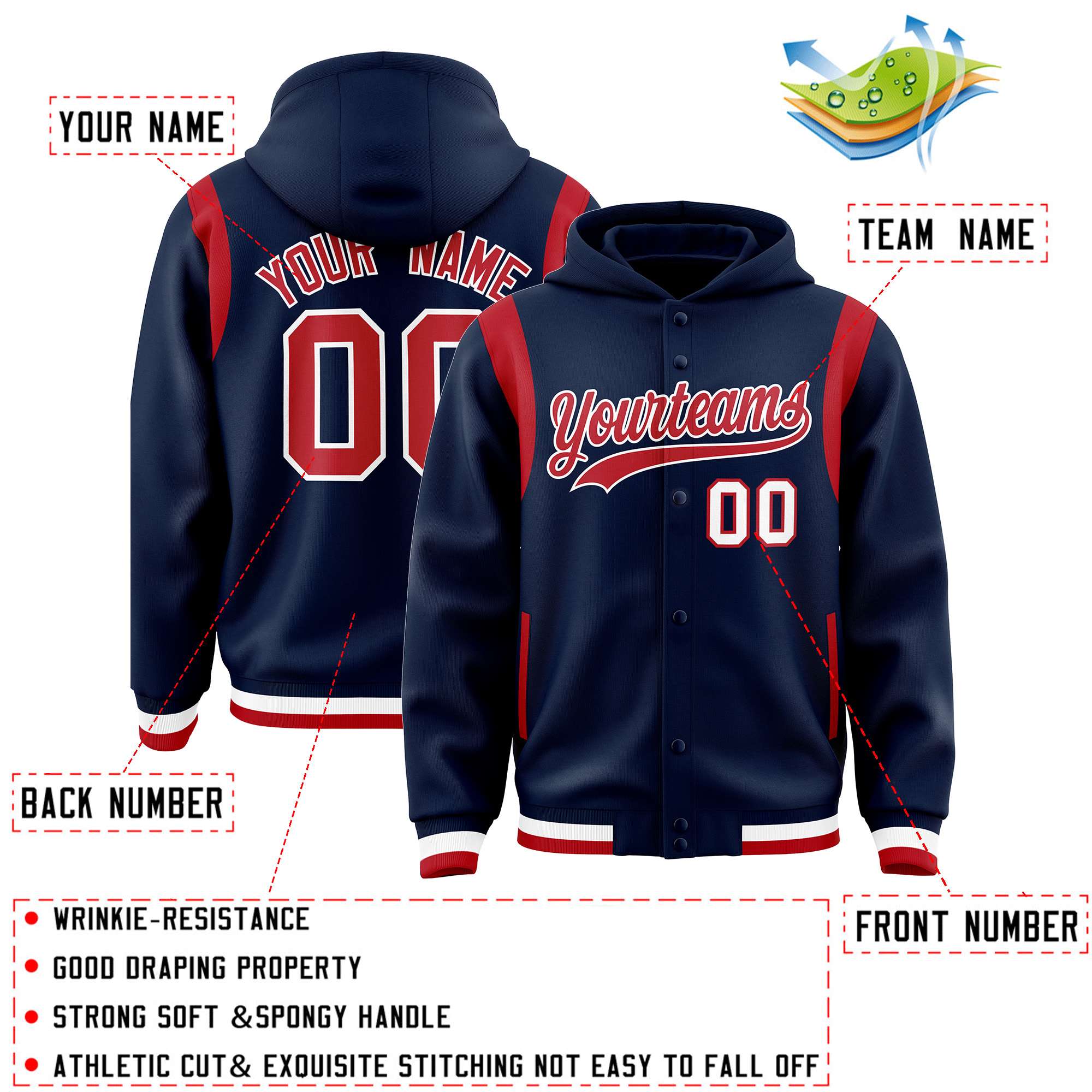 Custom Navy Red Varsity Full-Snap Letterman Shoulder Color Block Jacket Hoodie| KXKSHOP