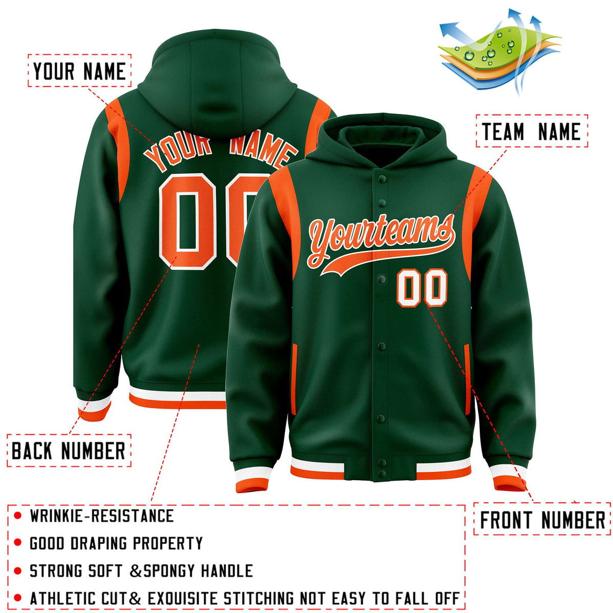 Custom Green Orange Varsity Full-Snap Letterman Shoulder Color Block Jacket Hoodie| KXKSHOP