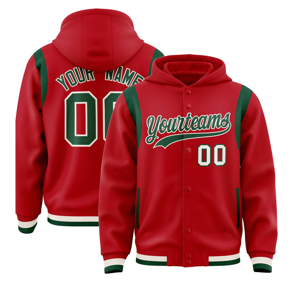 Custom Red Green Varsity Full-Snap Letterman Shoulder Color Block Jacket Hoodie| KXKSHOP