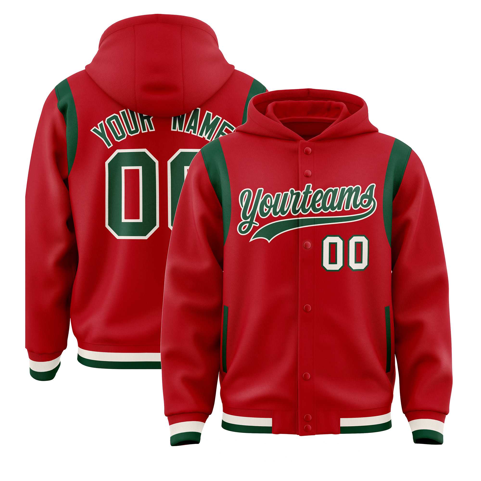 Custom Red Green Varsity Full-Snap Letterman Shoulder Color Block Jacket Hoodie| KXKSHOP