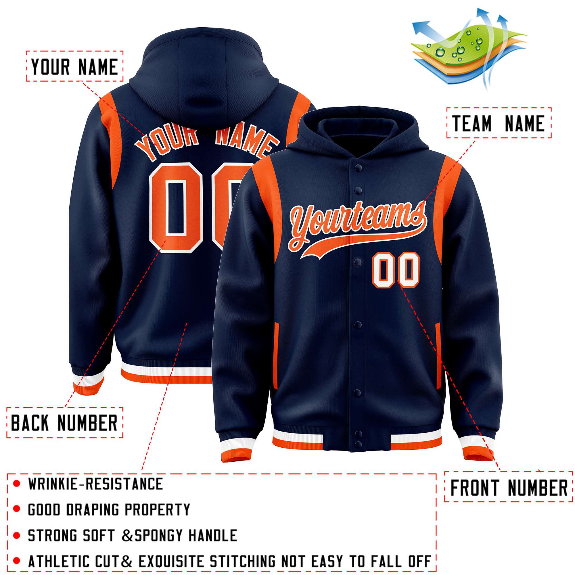 Custom Navy Orange Varsity Full-Snap Letterman Shoulder Color Block Jacket Hoodie| KXKSHOP