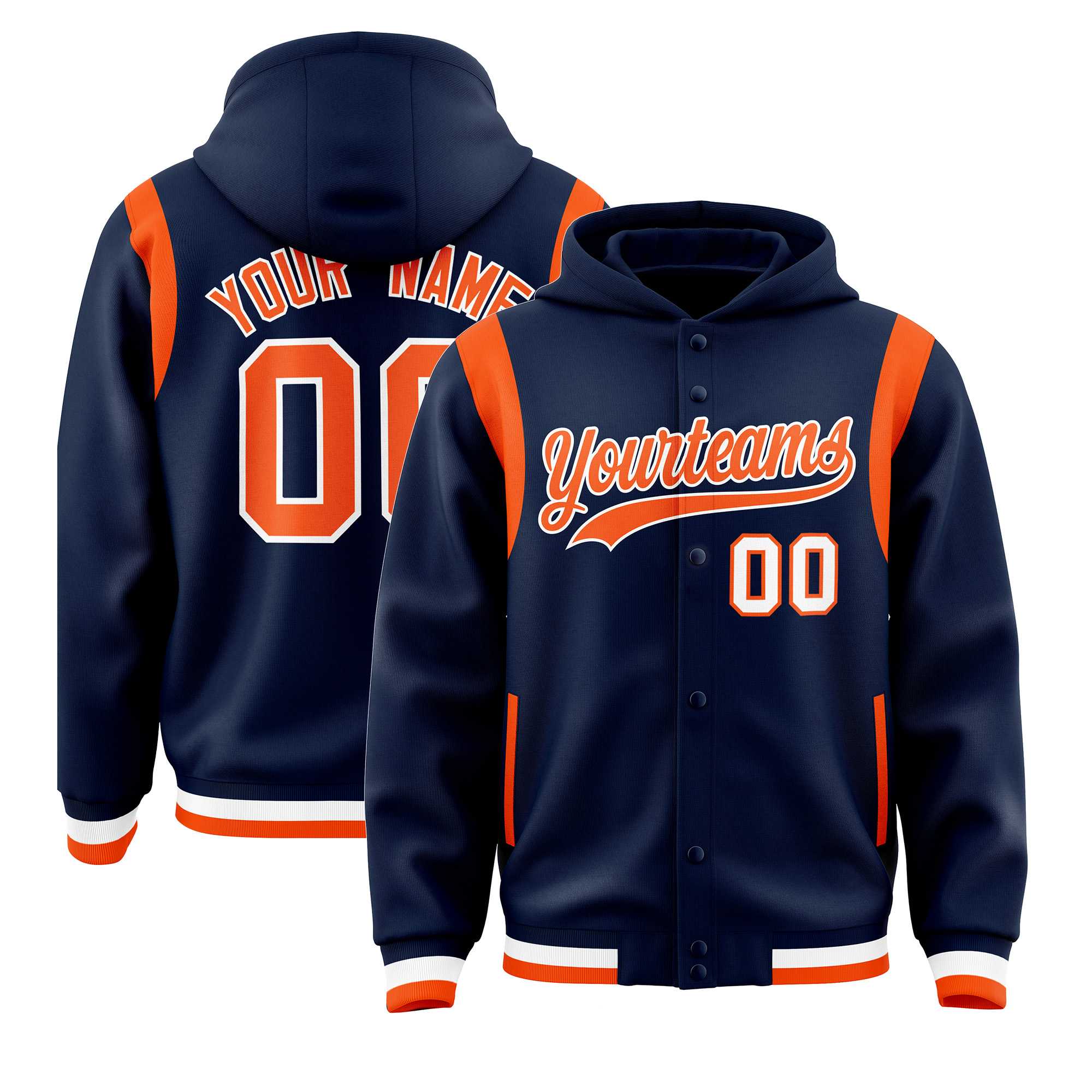 Custom Navy Orange Varsity Full-Snap Letterman Shoulder Color Block Jacket Hoodie| KXKSHOP