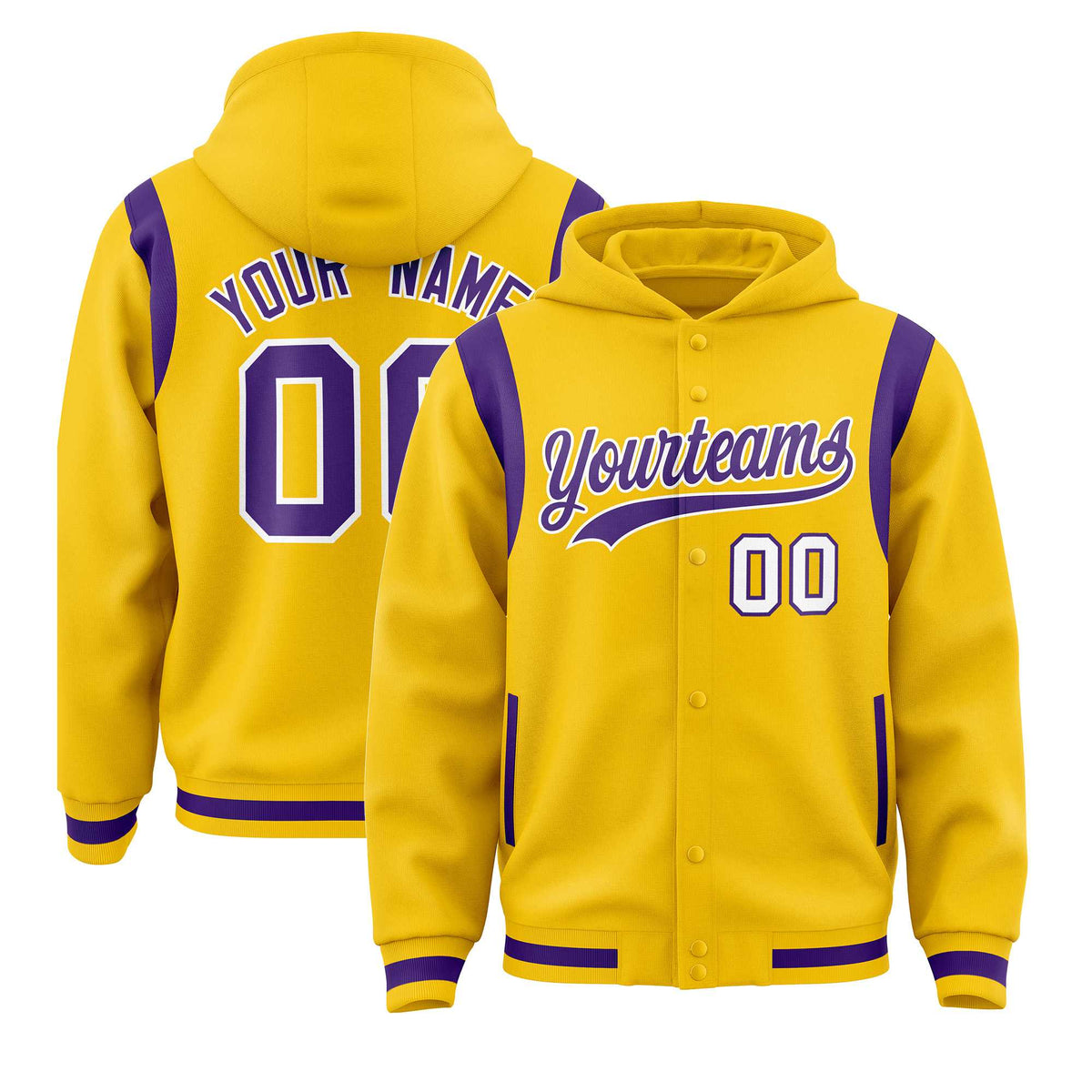 Custom Gold Purple Varsity Full-Snap Letterman Shoulder Color Block Jacket Hoodie| KXKSHOP