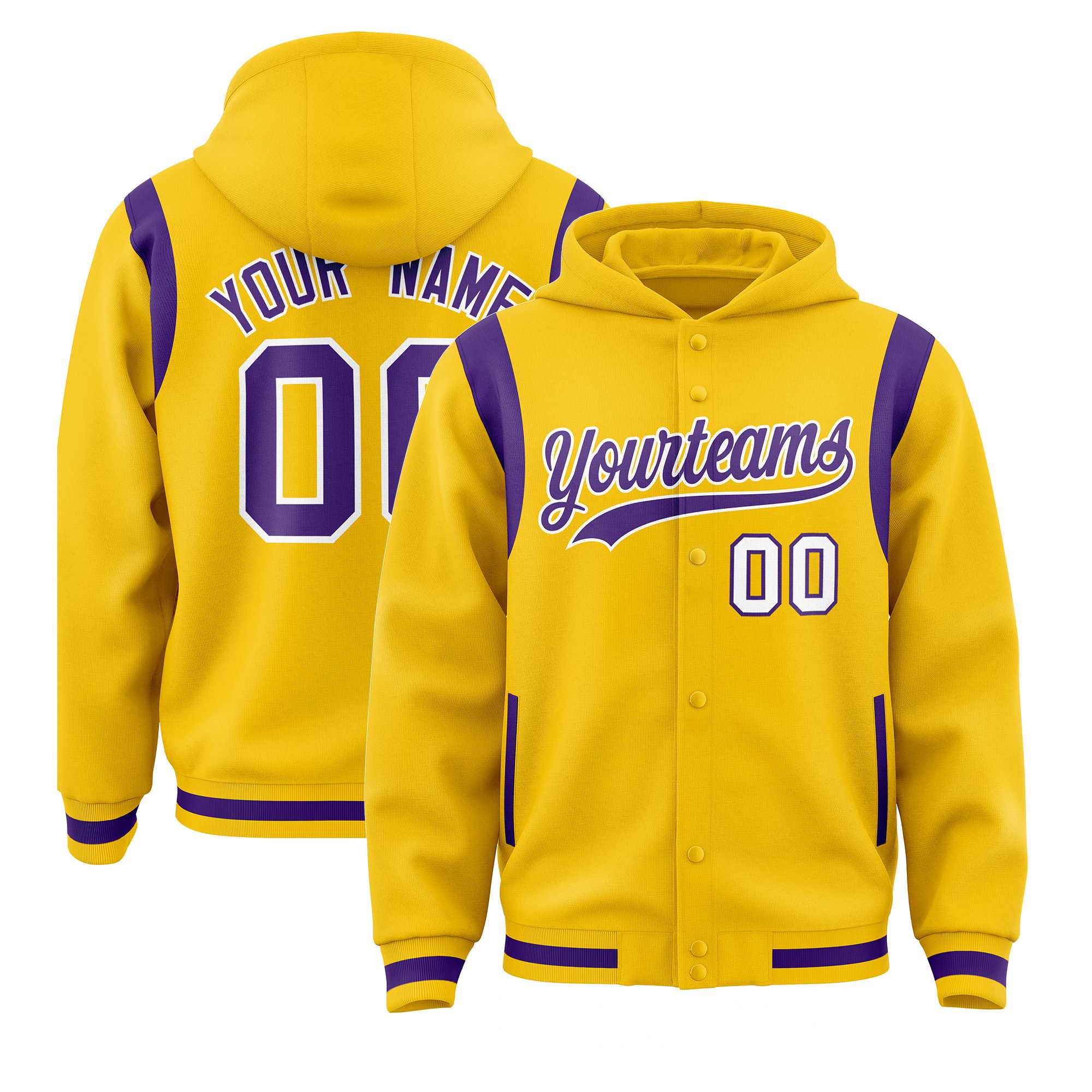 Custom Gold Purple Varsity Full-Snap Letterman Shoulder Color Block Jacket Hoodie| KXKSHOP