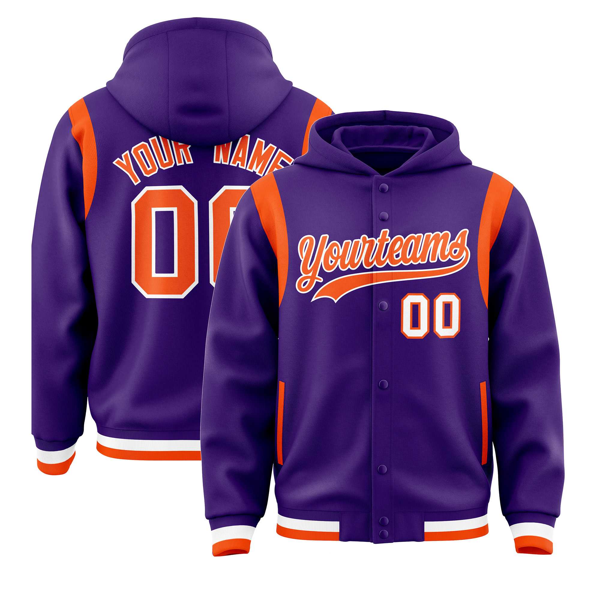 Custom Purple Orange Varsity Full-Snap Letterman Shoulder Color Block Jacket Hoodie| KXKSHOP