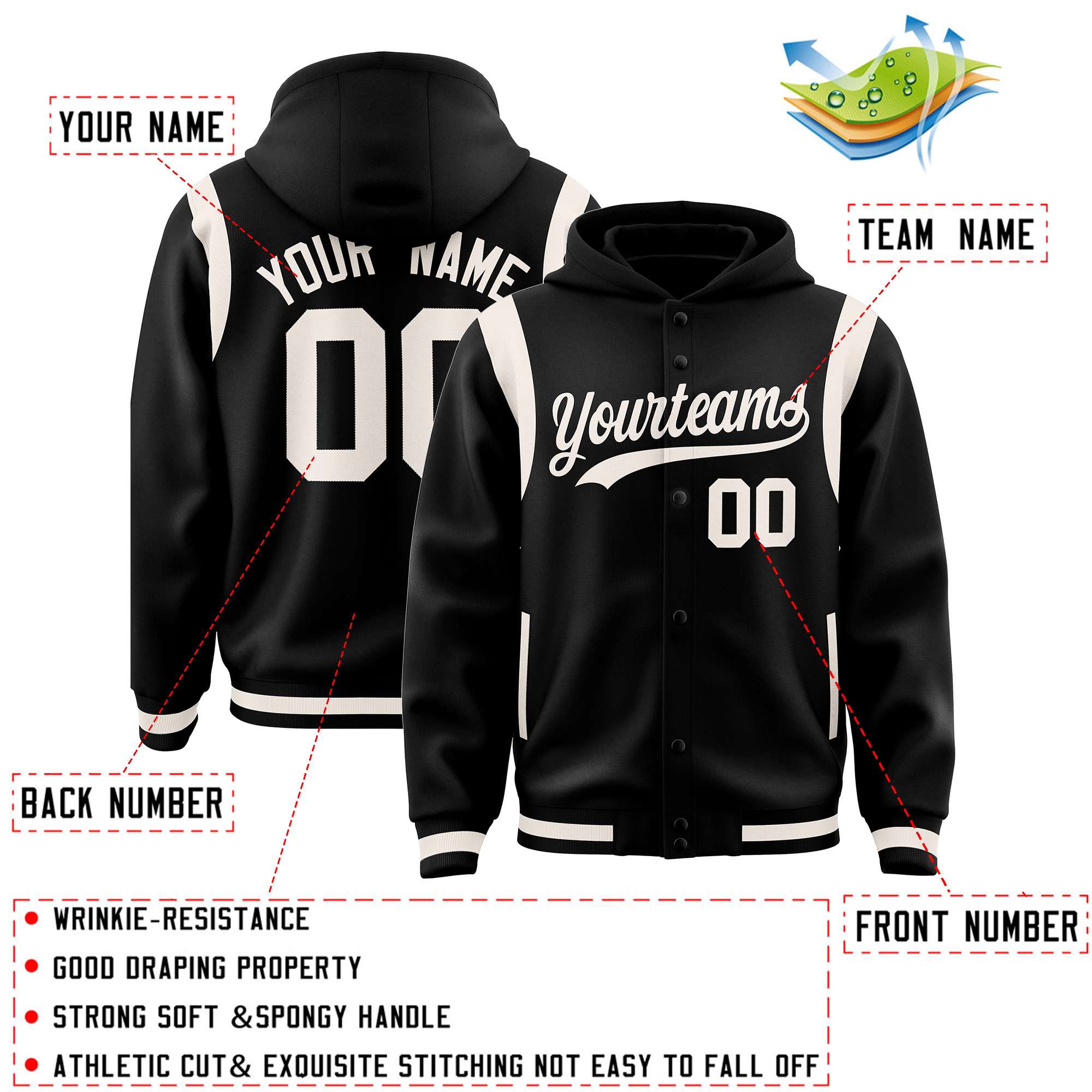 Custom Black Cream Varsity Full-Snap Letterman Shoulder Color Block Jacket Hoodie| KXKSHOP