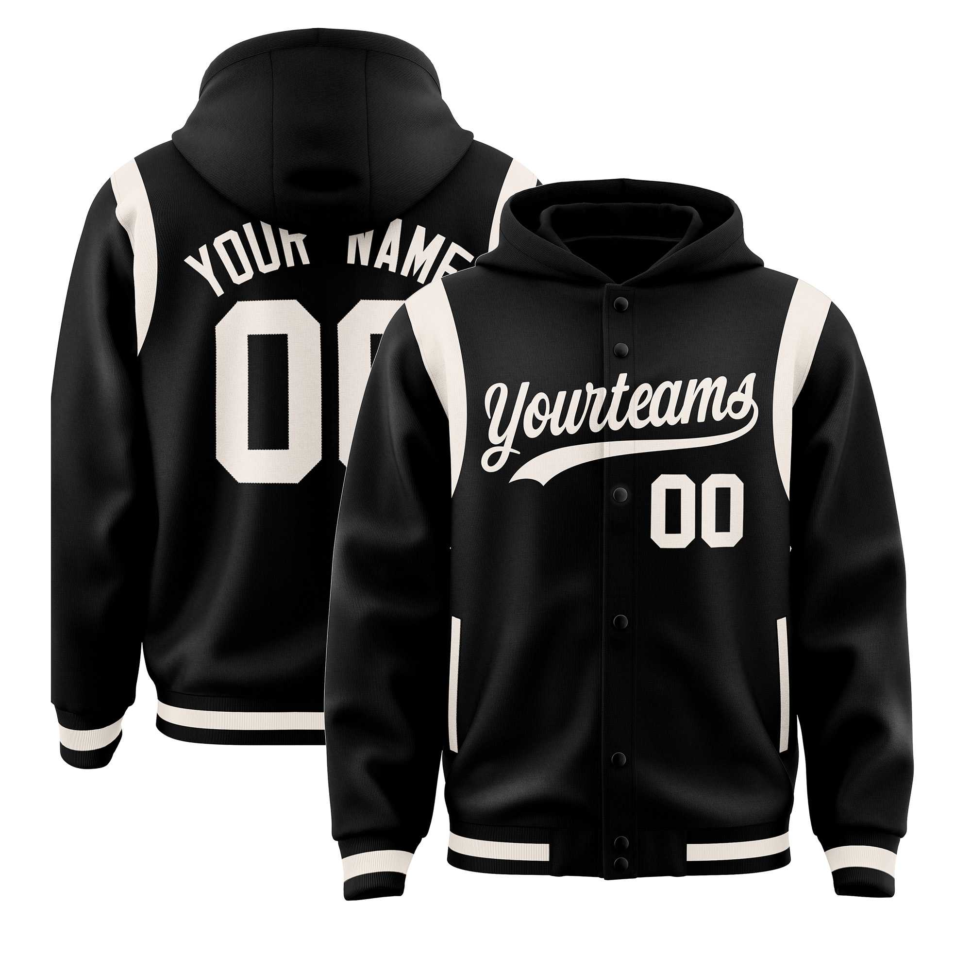 Custom Black Cream Varsity Full-Snap Letterman Shoulder Color Block Jacket Hoodie| KXKSHOP