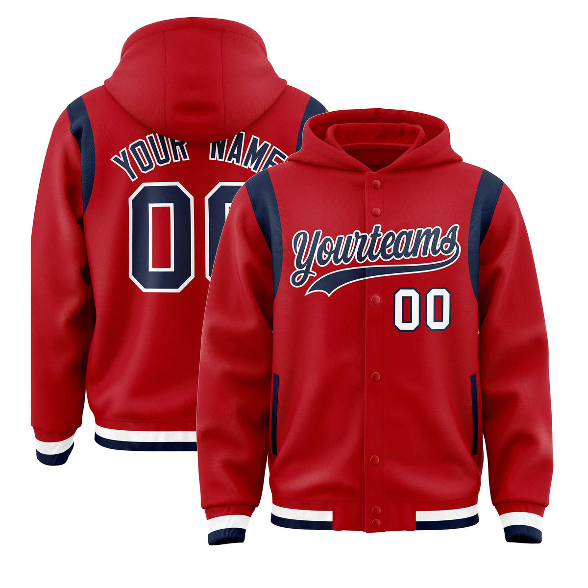 Custom Red Navy Varsity Full-Snap Letterman Shoulder Color Block Jacket Hoodie| KXKSHOP