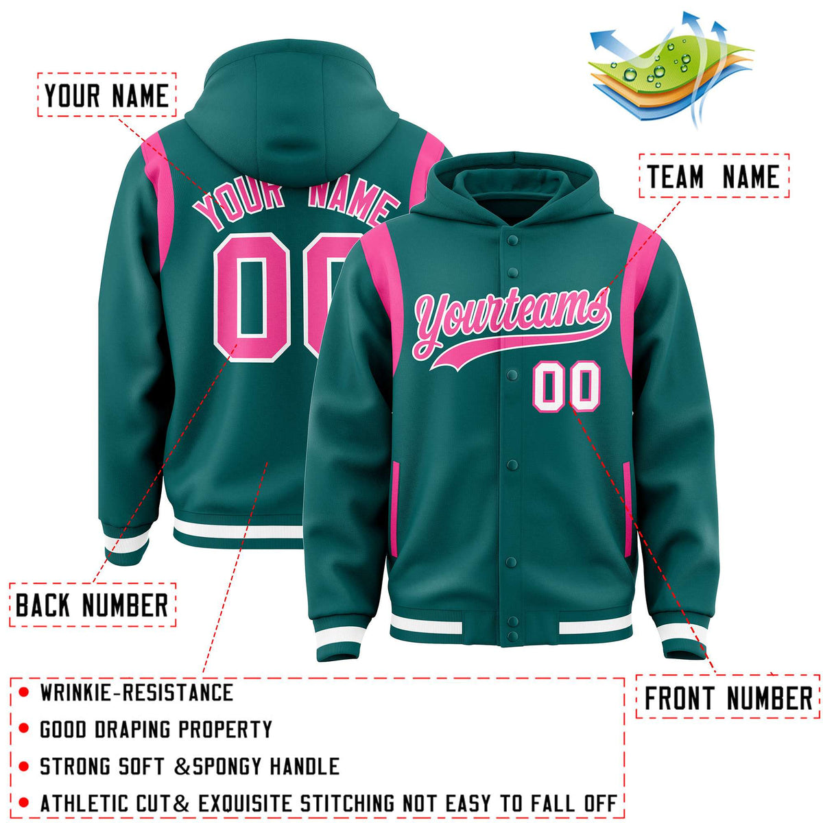 Custom Aqua Pink Varsity Full-Snap Letterman Shoulder Color Block Jacket Hoodie| KXKSHOP