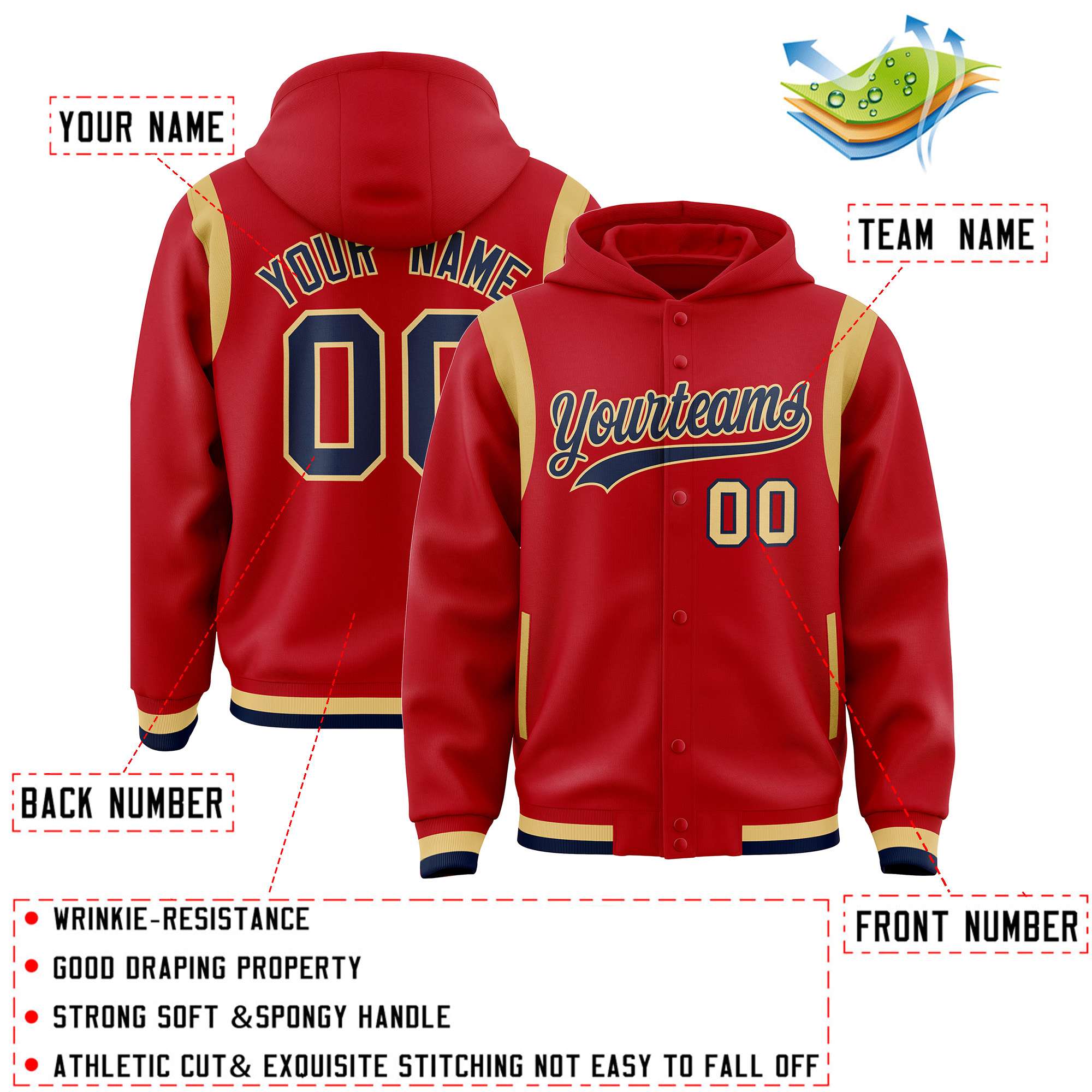 Custom Red Navy Varsity Full-Snap Letterman Shoulder Color Block Jacket Hoodie| KXKSHOP