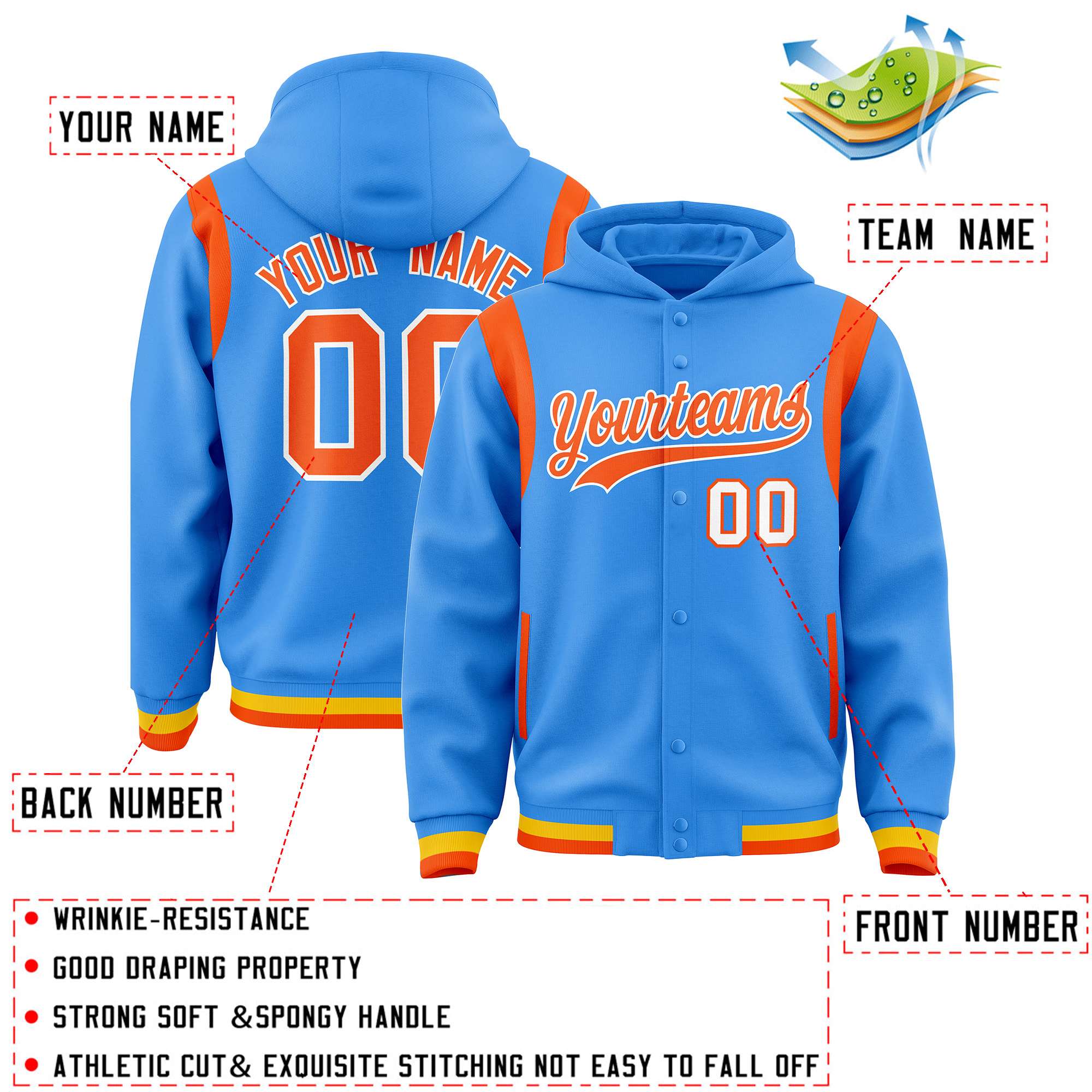 Custom Powder Blue Orange Varsity Full-Snap Letterman Shoulder Color Block Jacket Hoodie| KXKSHOP
