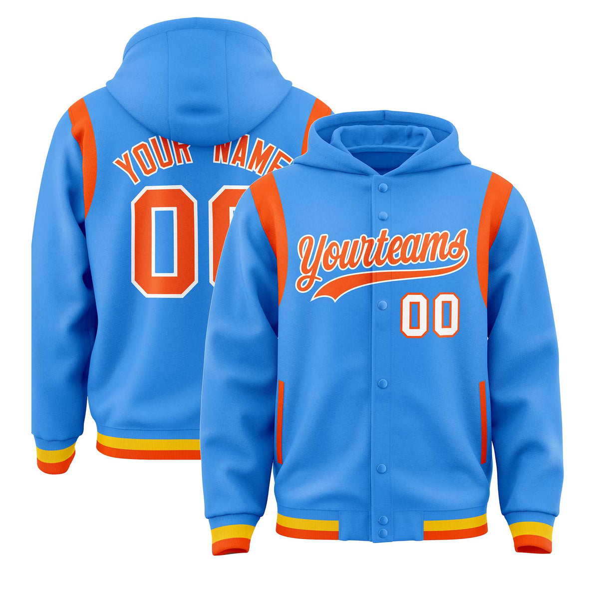 Custom Powder Blue Orange Varsity Full-Snap Letterman Shoulder Color Block Jacket Hoodie| KXKSHOP