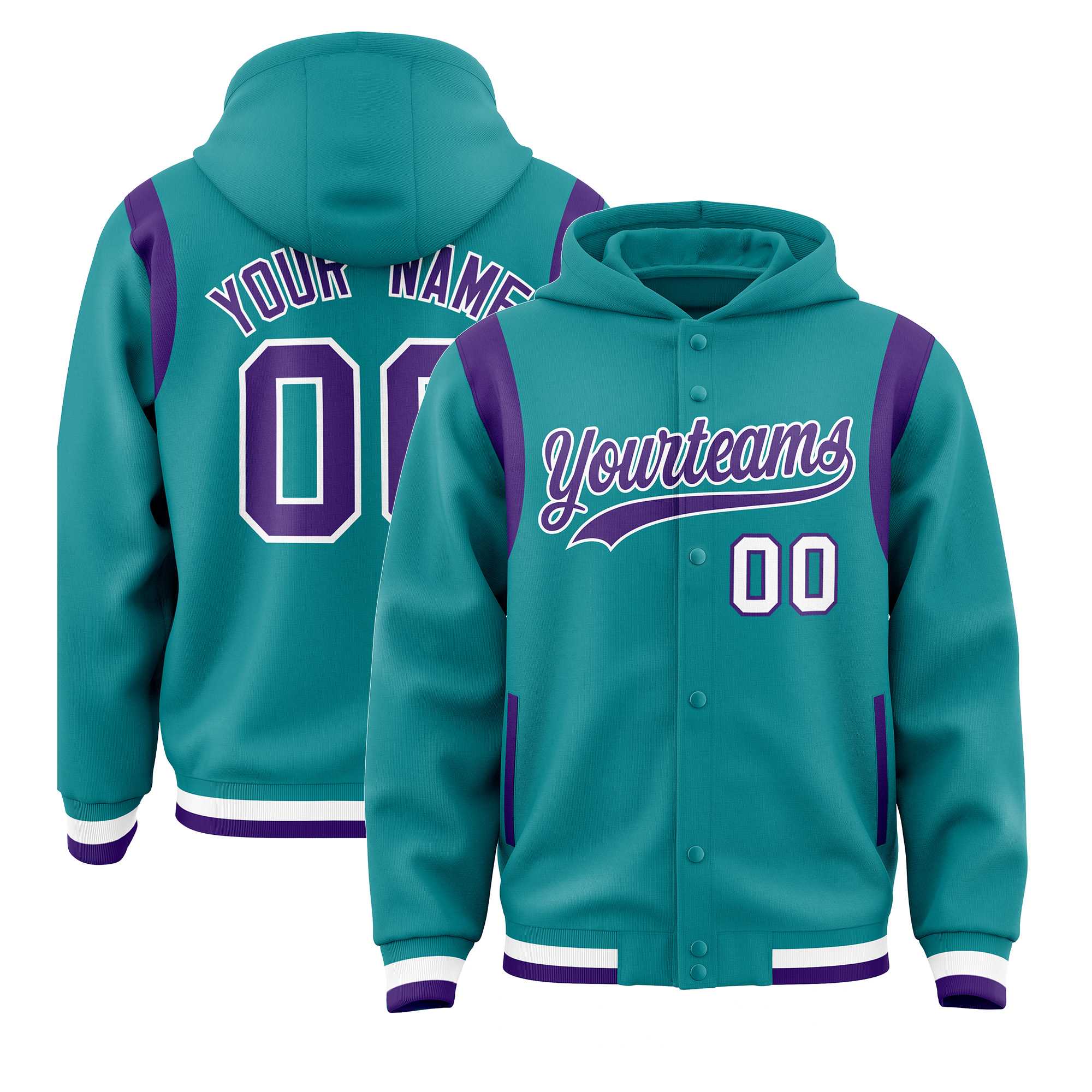 Custom Aqua Purple Varsity Full-Snap Letterman Shoulder Color Block Jacket Hoodie| KXKSHOP