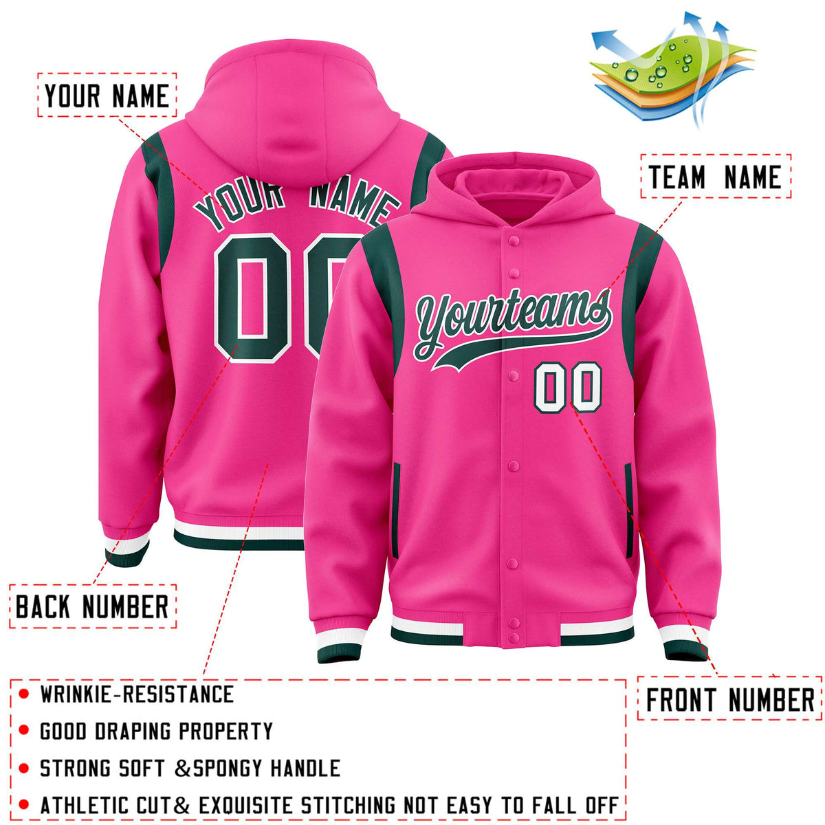 Custom Pink Midnight Green Varsity Full-Snap Letterman Shoulder Color Block Jacket Hoodie| KXKSHOP