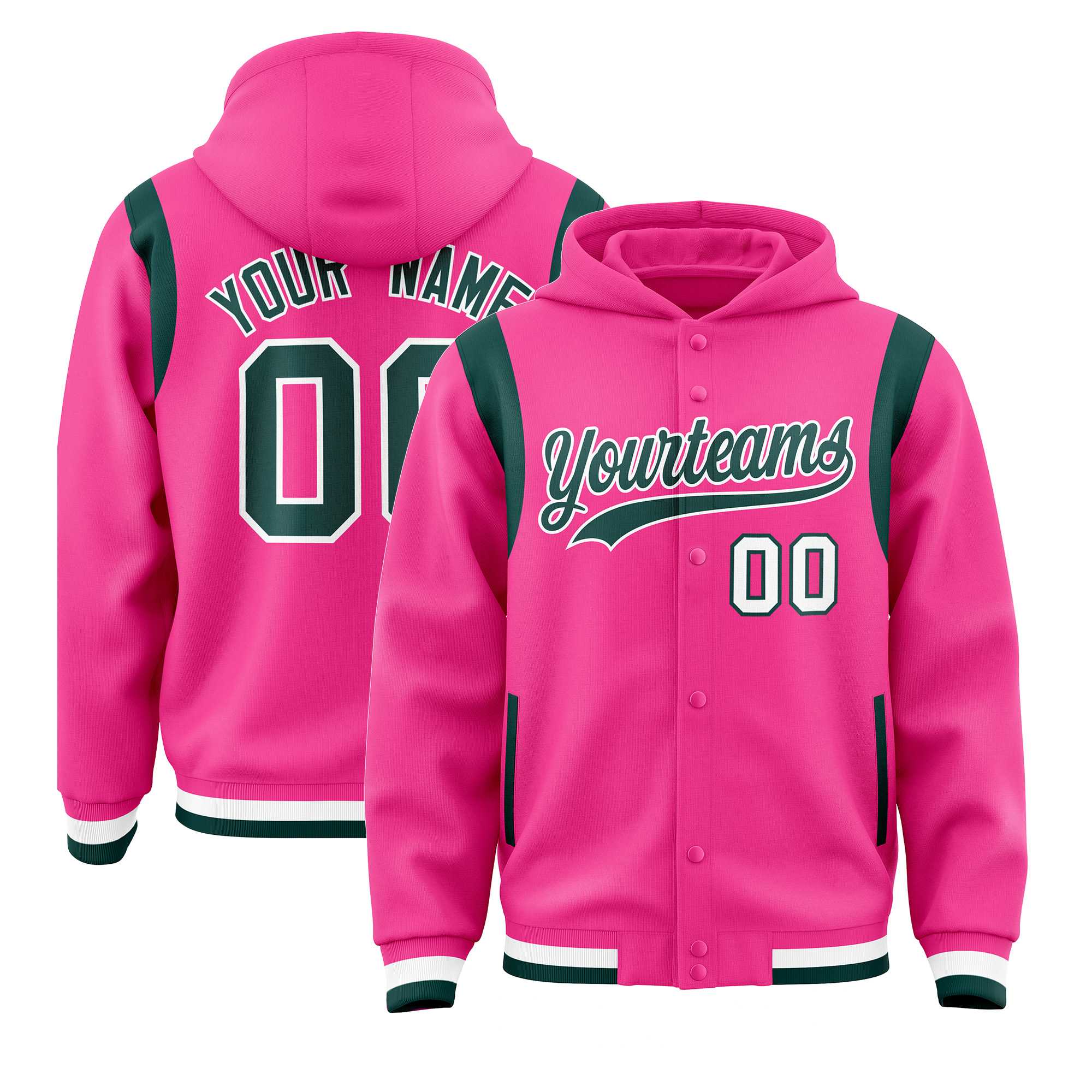 Custom Pink Midnight Green Varsity Full-Snap Letterman Shoulder Color Block Jacket Hoodie| KXKSHOP