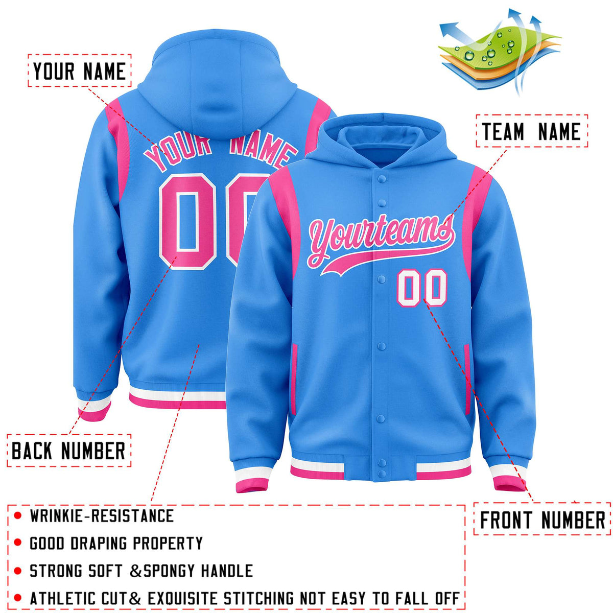 Custom Powder Blue Pink Varsity Full-Snap Letterman Shoulder Color Block Jacket Hoodie| KXKSHOP