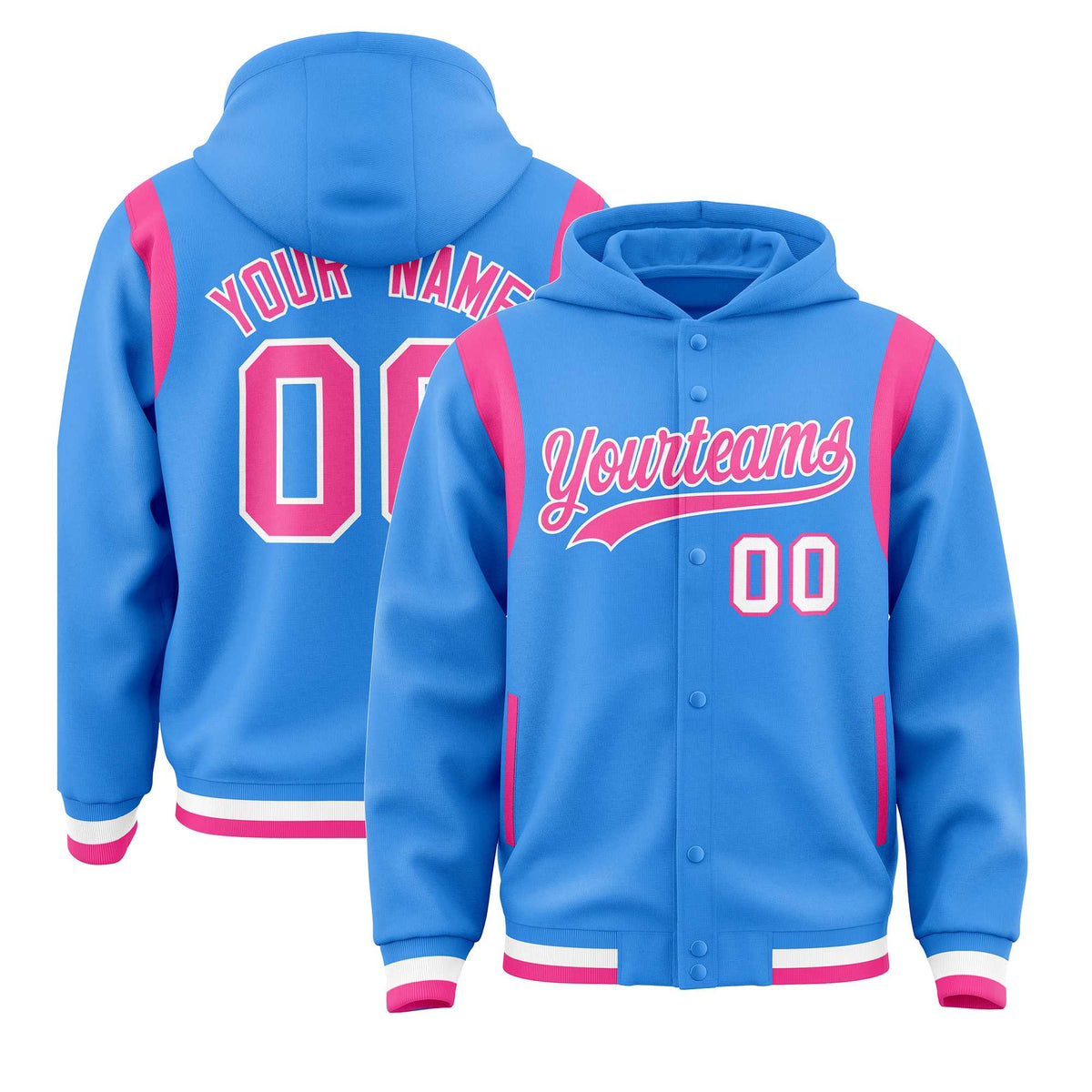 Custom Powder Blue Pink Varsity Full-Snap Letterman Shoulder Color Block Jacket Hoodie| KXKSHOP