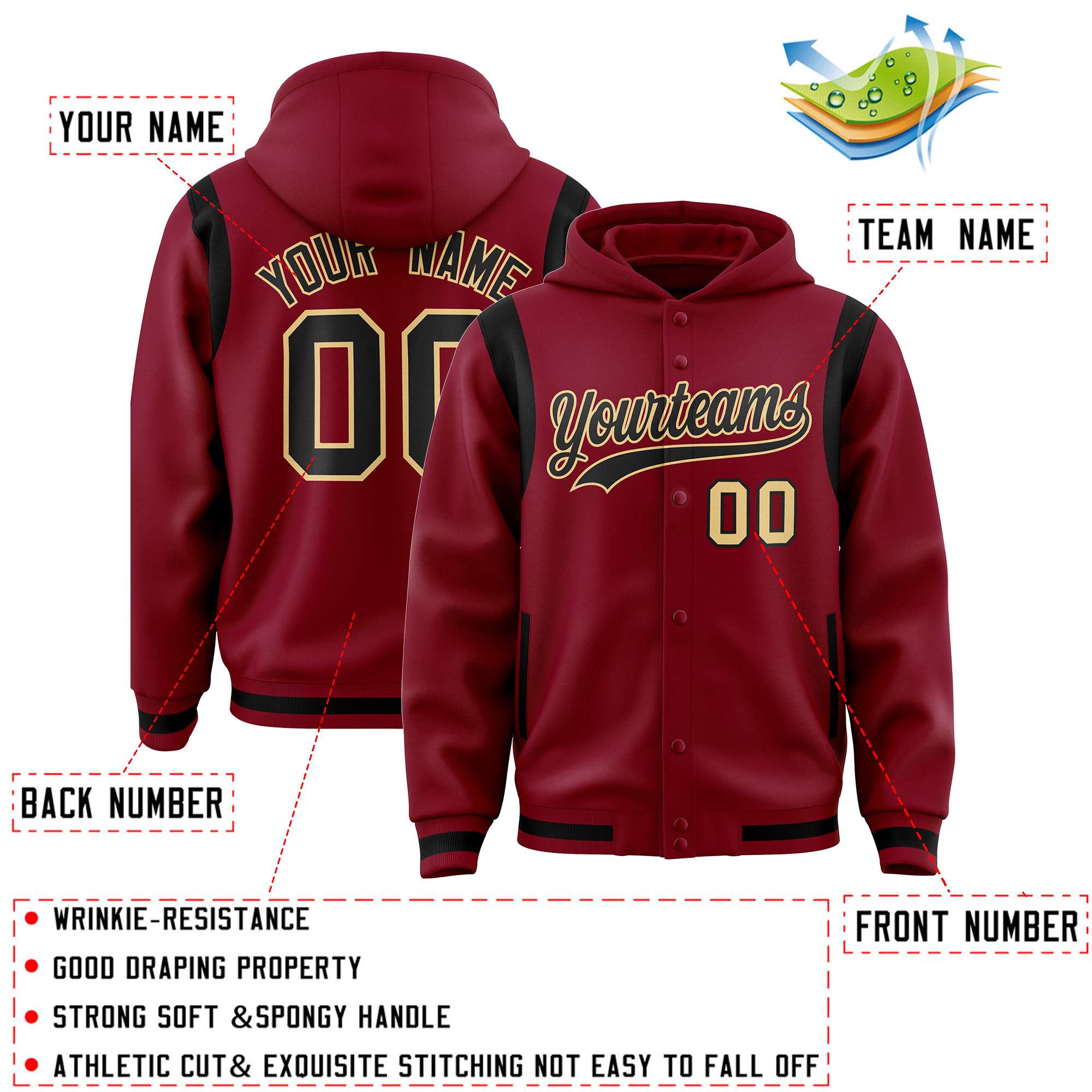 Custom Crimson Black Varsity Full-Snap Letterman Shoulder Color Block Jacket Hoodie| KXKSHOP